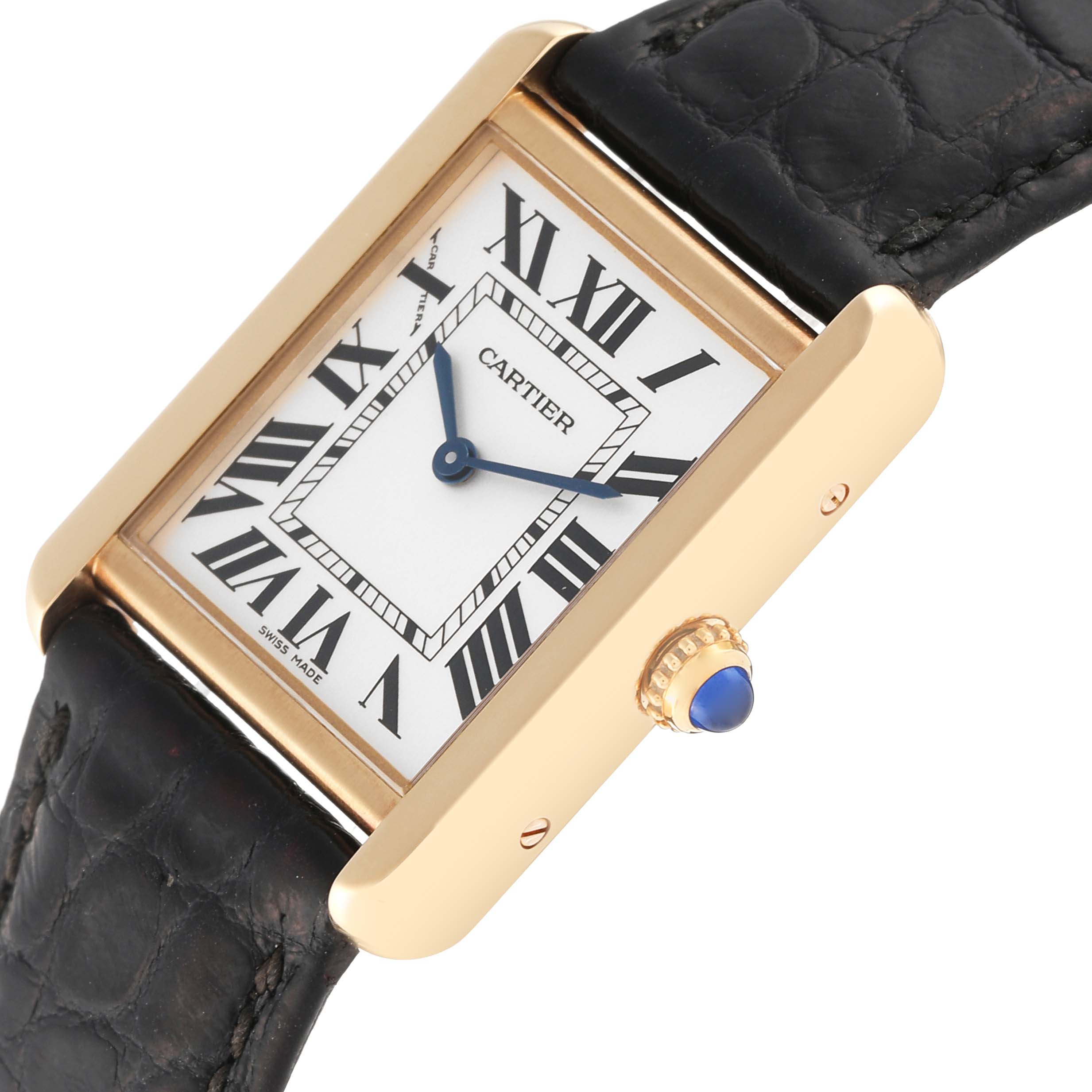 The image shows a Cartier Tank Solo W1018755 Women
s Steel and Gold (two tone) Silver Dial W1018755 Women
s Steel and Gold (two tone) Silver Dial watch from a tilted angle, highlighting the dial, case, crown with a blue cabochon, and part of the leather strap.