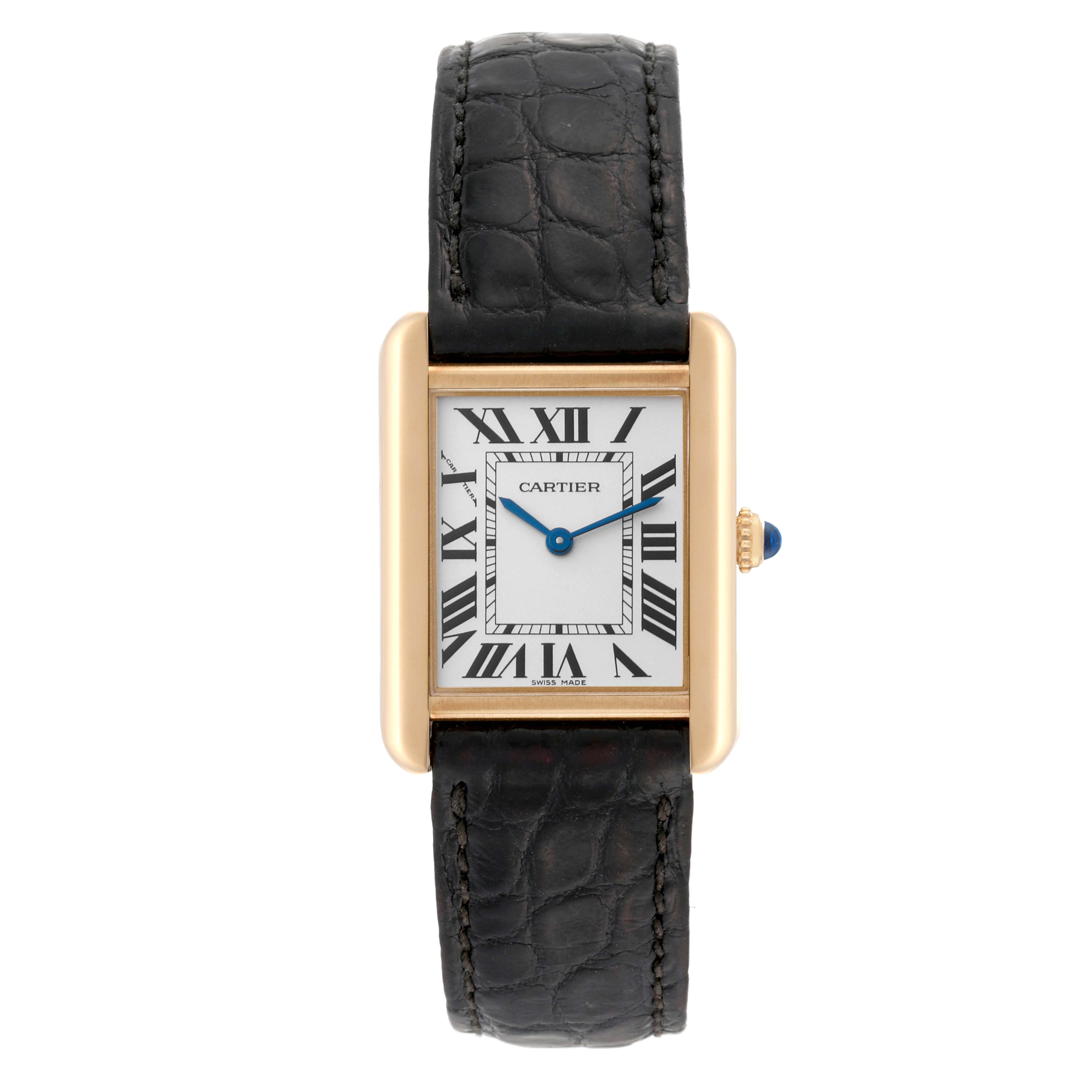 This is a top-down view of the Tank Solo model by Cartier, showcasing the watch face, bezel, and leather strap.