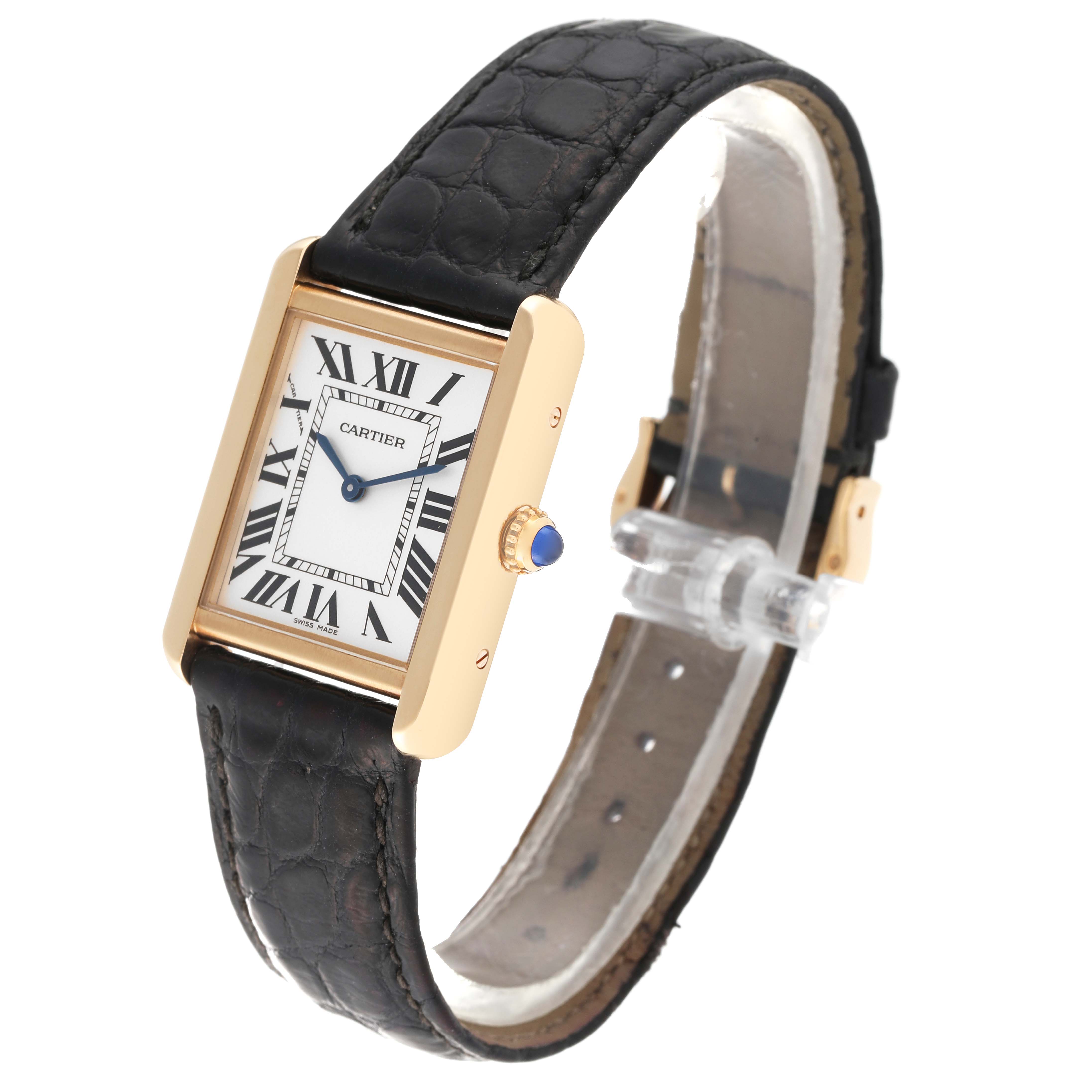 The Cartier Tank Solo W1018755 Women
s Steel and Gold (two tone) Silver Dial W1018755 Women
s Steel and Gold (two tone) Silver Dial watch is shown at a three-quarter angle, displaying its face, strap, and crown.