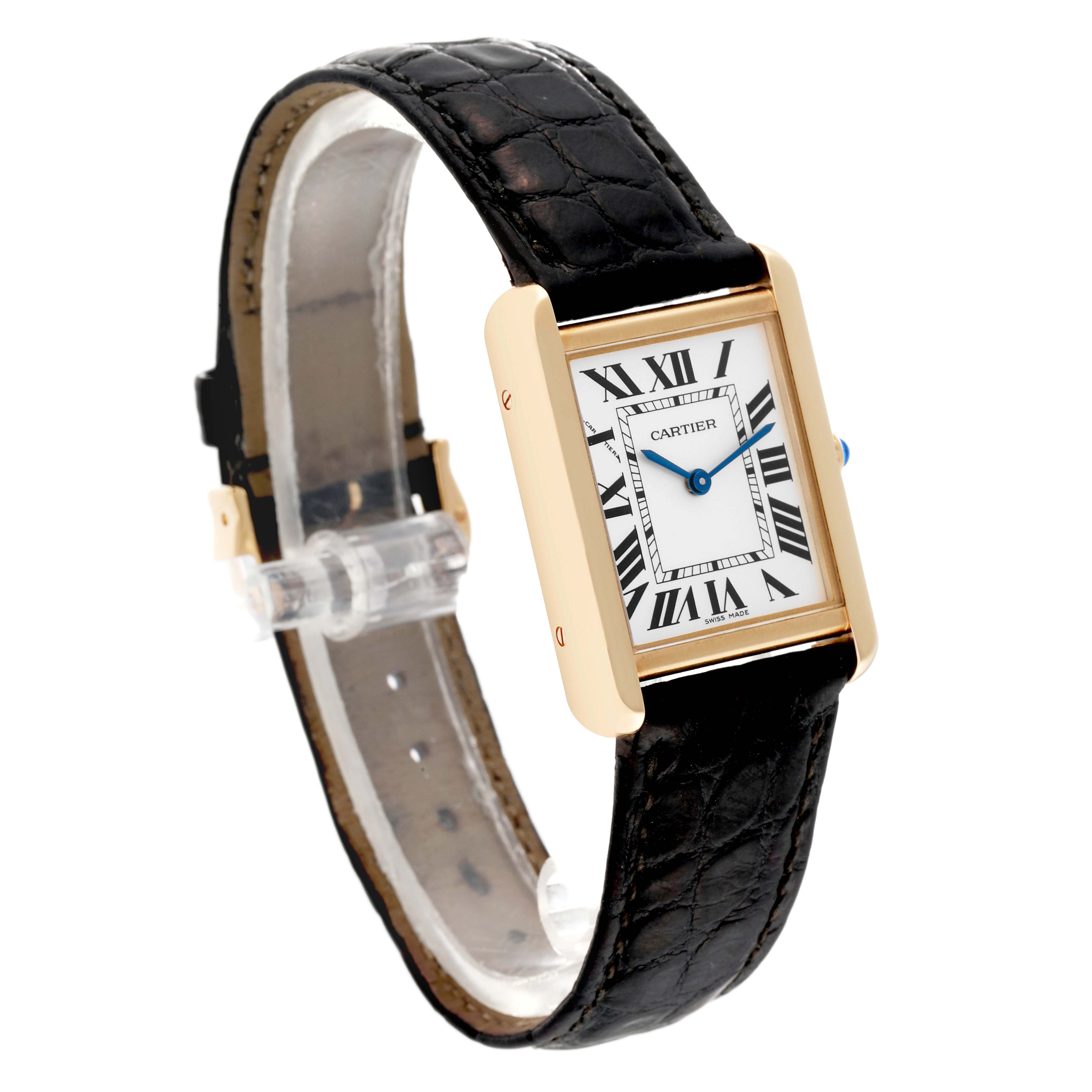 This image shows a slightly angled front view of the Cartier Tank Solo W1018755 Women
s Steel and Gold (two tone) Silver Dial W1018755 Women
s Steel and Gold (two tone) Silver Dial watch with its gold rectangular case and black leather strap.