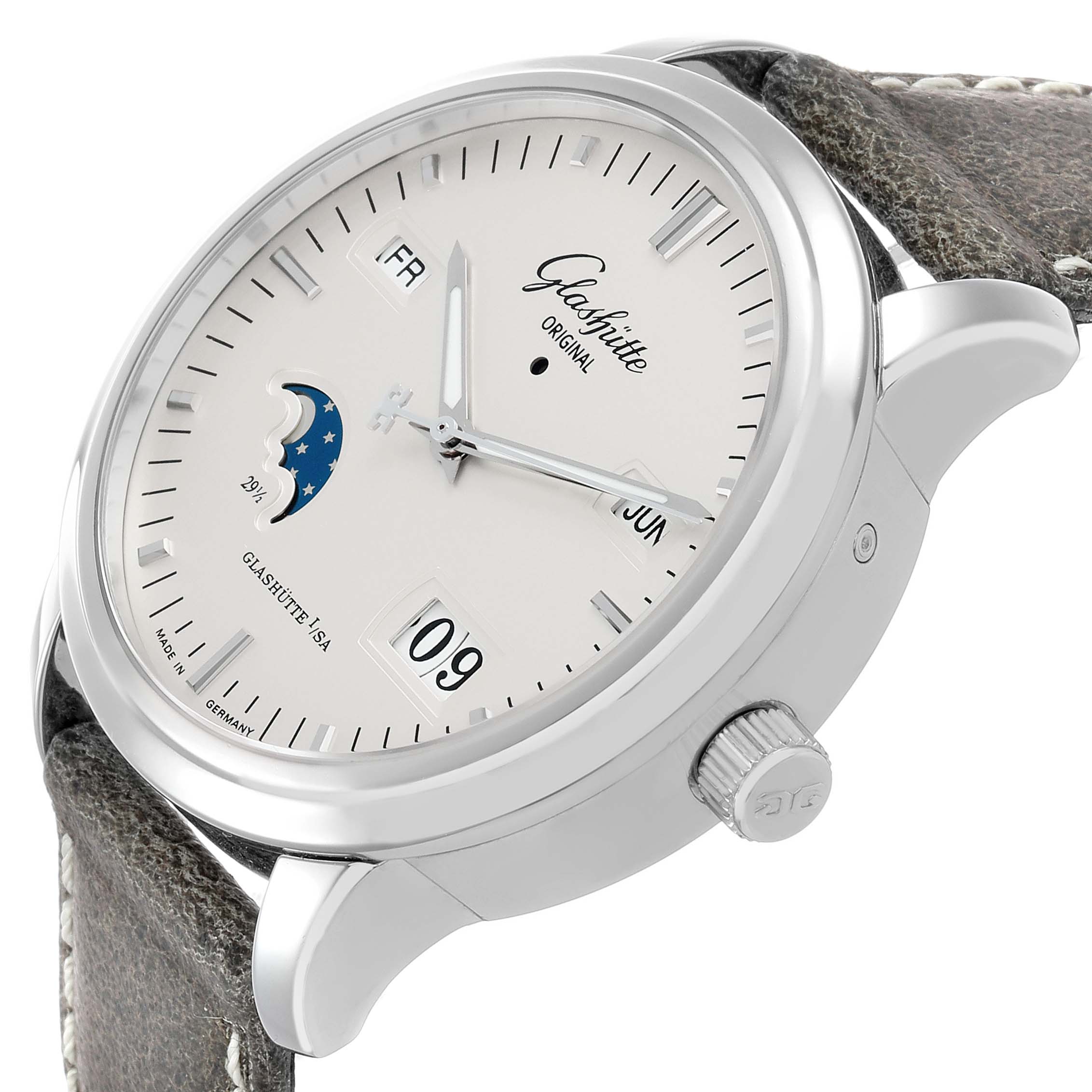 The Glashutte Original 100-02-13-02-04 Men's Stainless Steel Silver Dial model is shown at a side angle, displaying the watch face, crown, lugs, and strap.