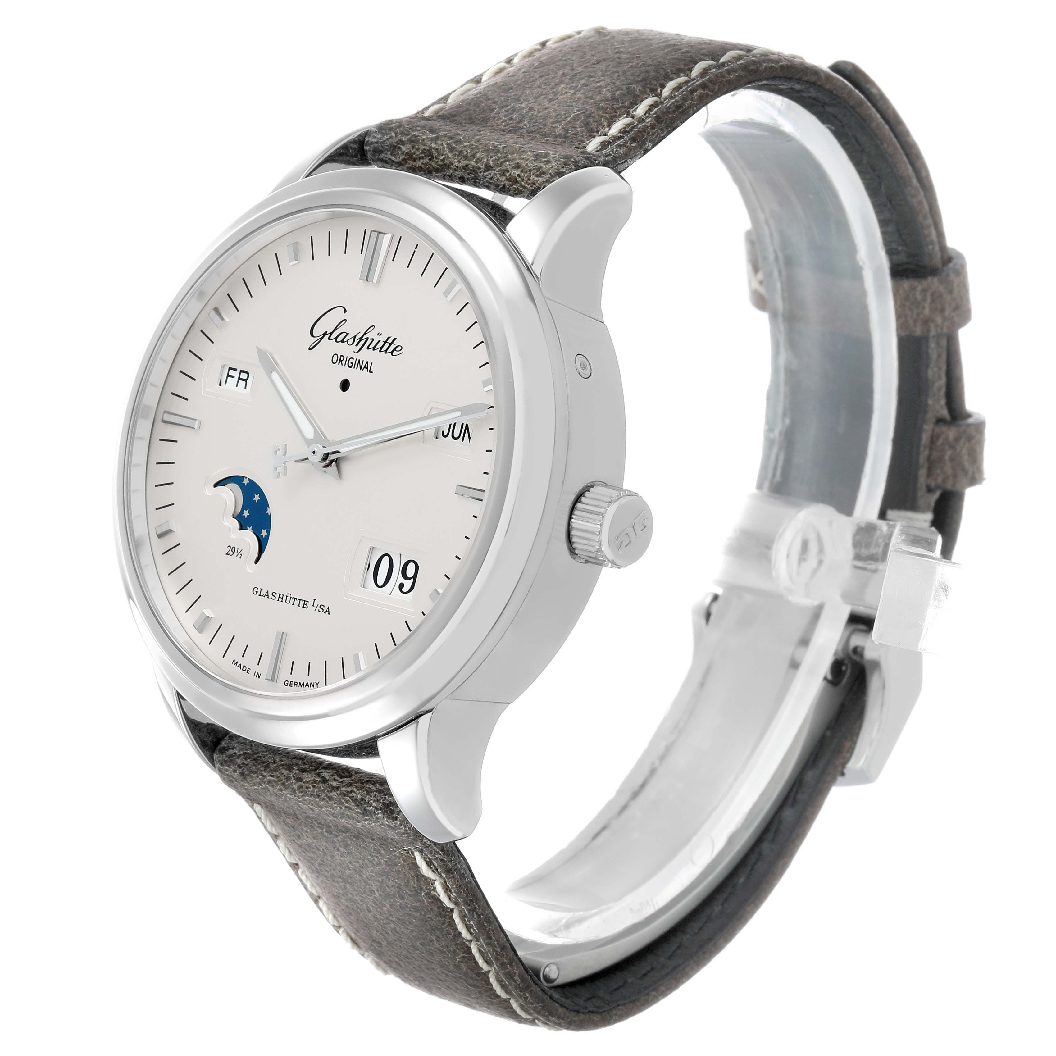 This Glashutte Original 100-02-13-02-04 Men's Stainless Steel Silver Dial watch is shown at a slight side angle, displaying its face, crown, and partially visible strap.