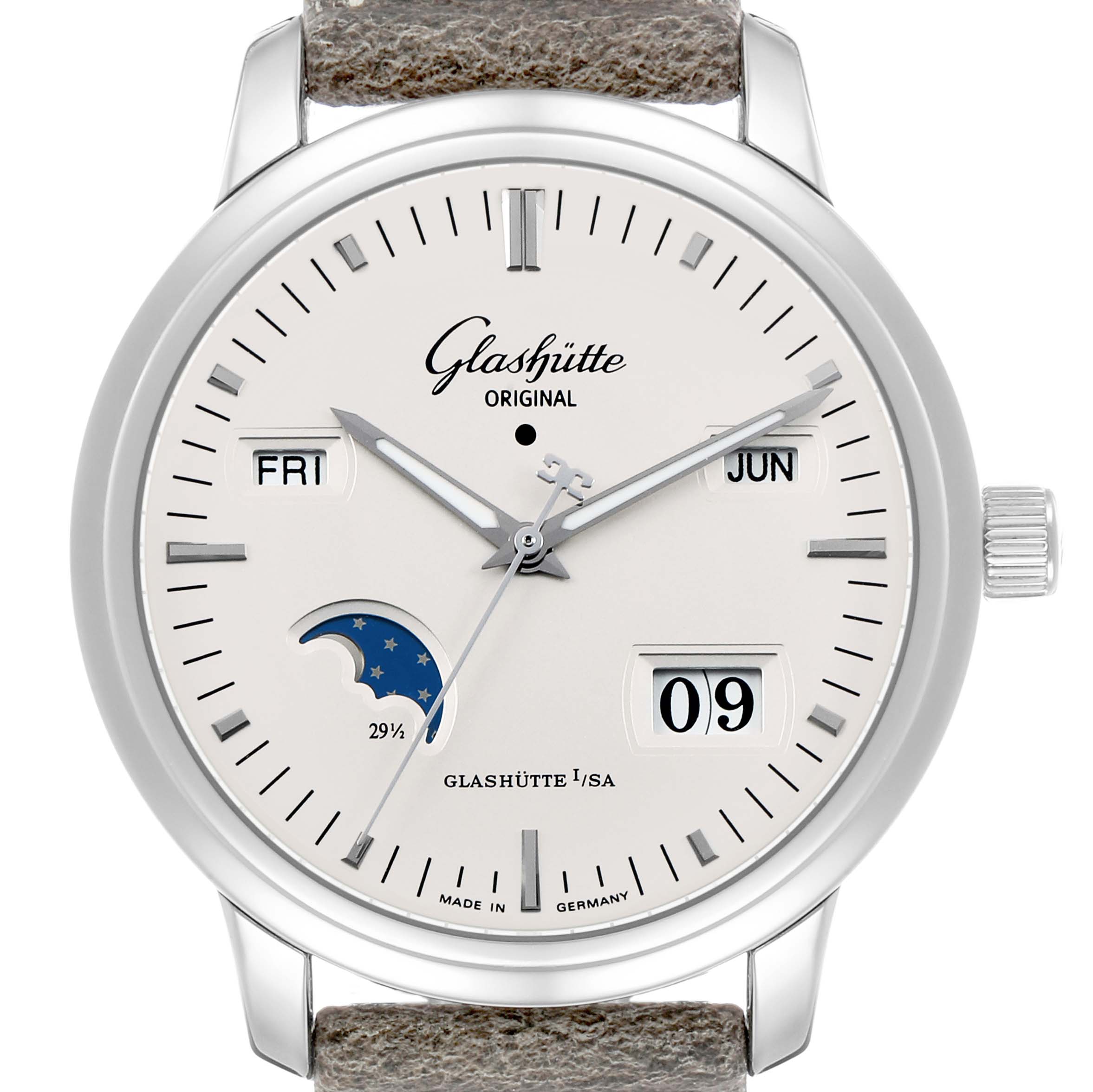 The Glashütte Original watch is shown from the front, displaying the dial, moon phase, day, date, and month indicators.