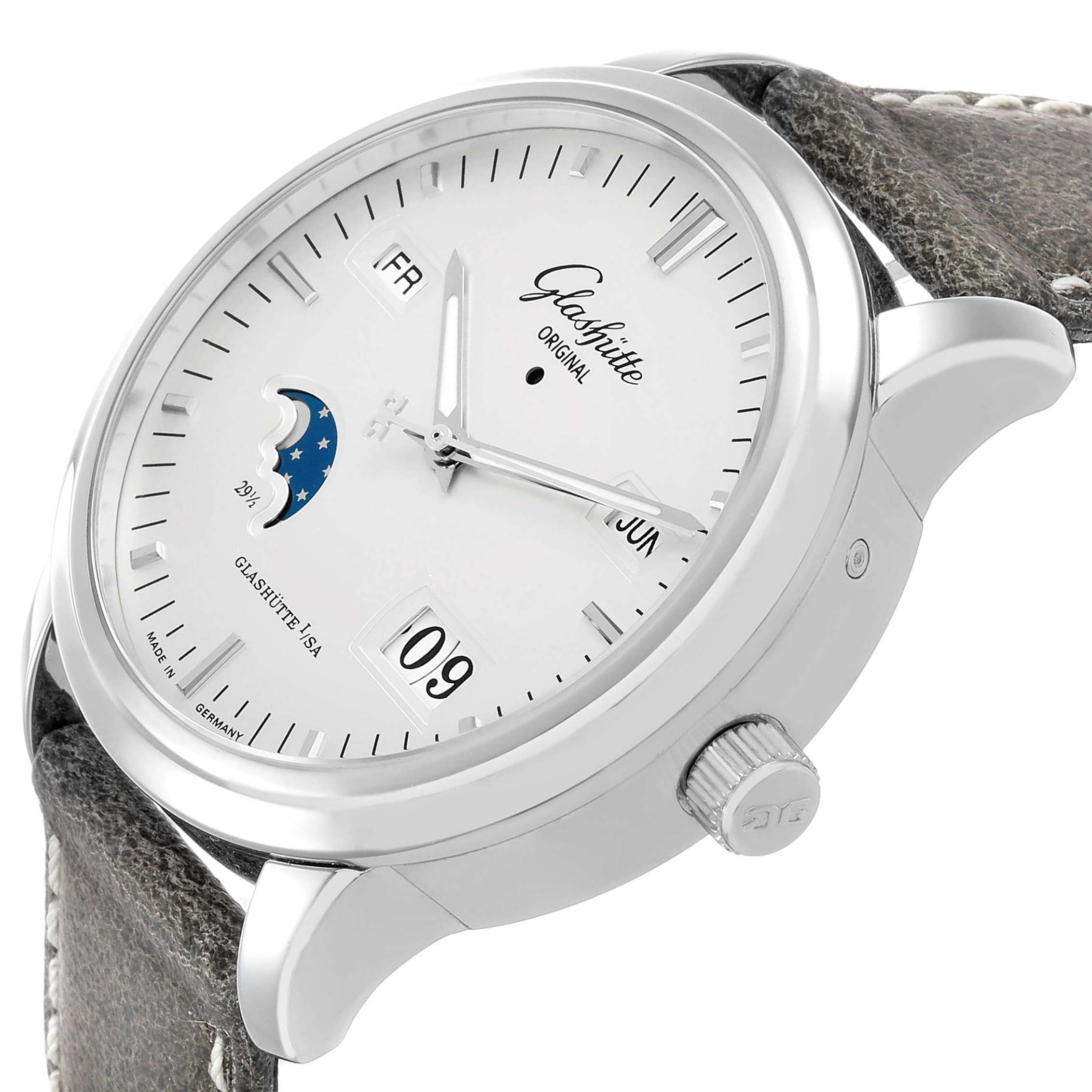 The Glashütte Original watch is shown at a three-quarter angle, highlighting the dial, moon phase, date, and textured strap.