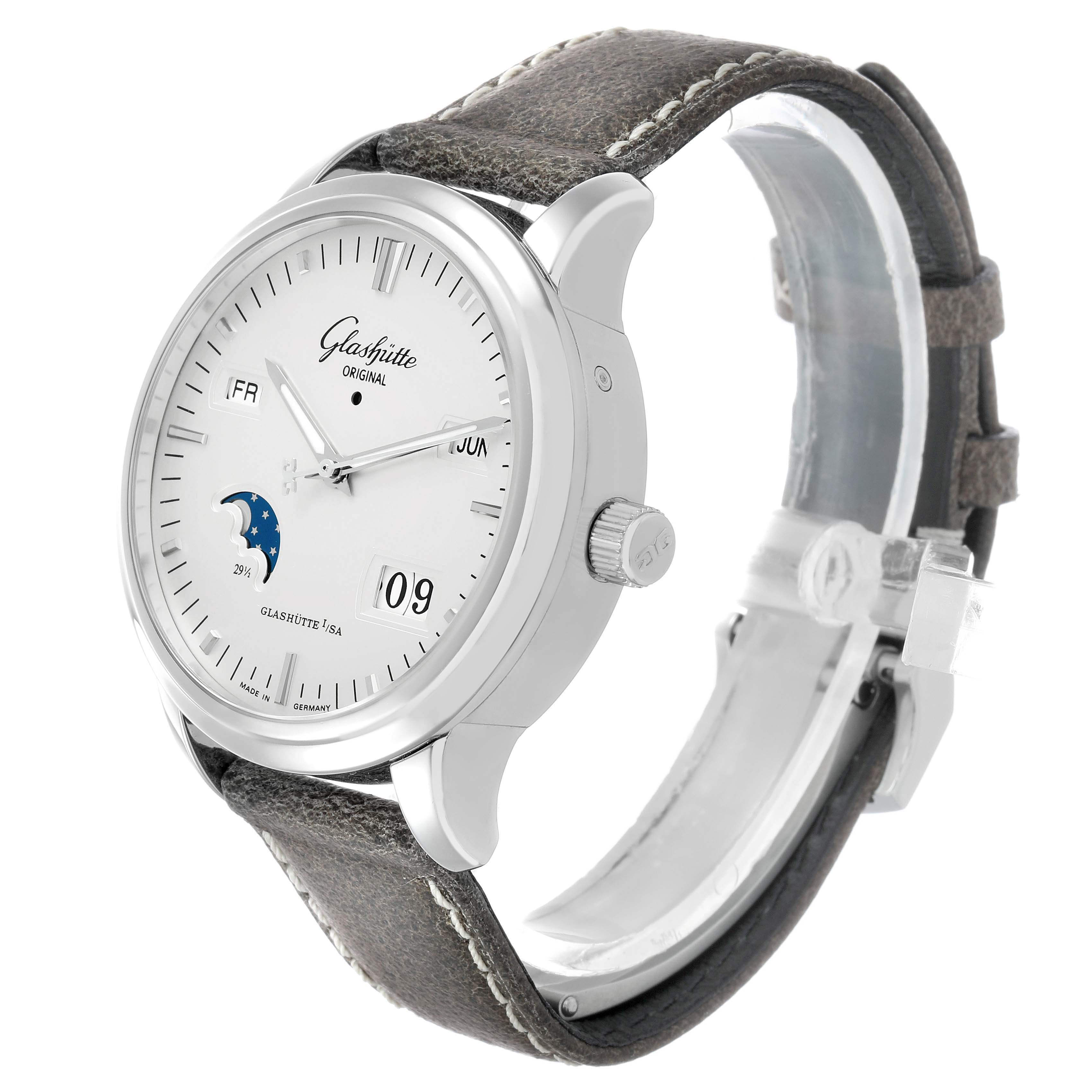 The Glashutte Original 100-02-13-02-04 Men's Stainless Steel Silver Dial watch is shown at a side angle, highlighting the face, crown, and leather strap.