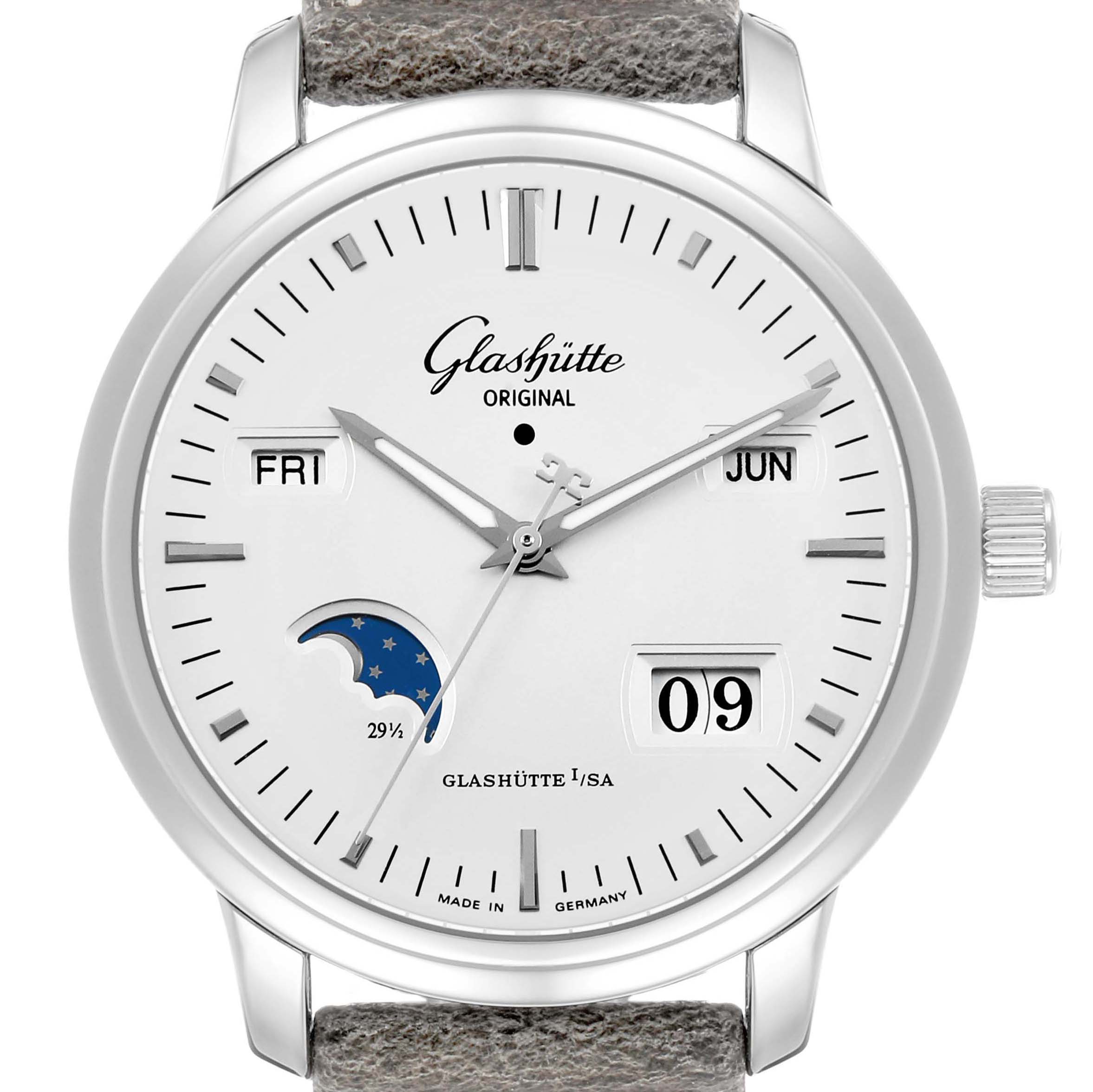 The Glashütte Original model watch is shown from the front, displaying the dial, moon phase, date, day, and month features.
