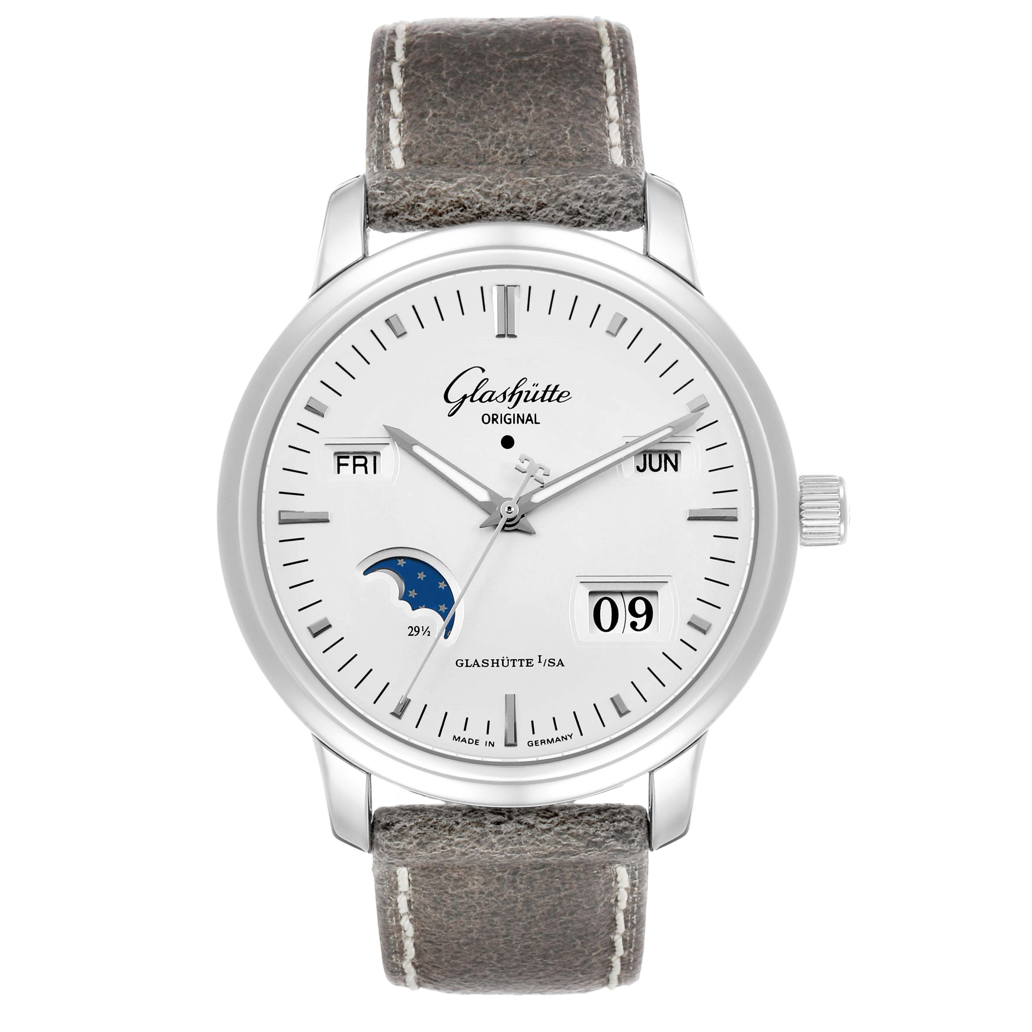 The Glashütte Original watch is shown from the front, displaying the dial, leather strap, date, day, month, and moon phase.