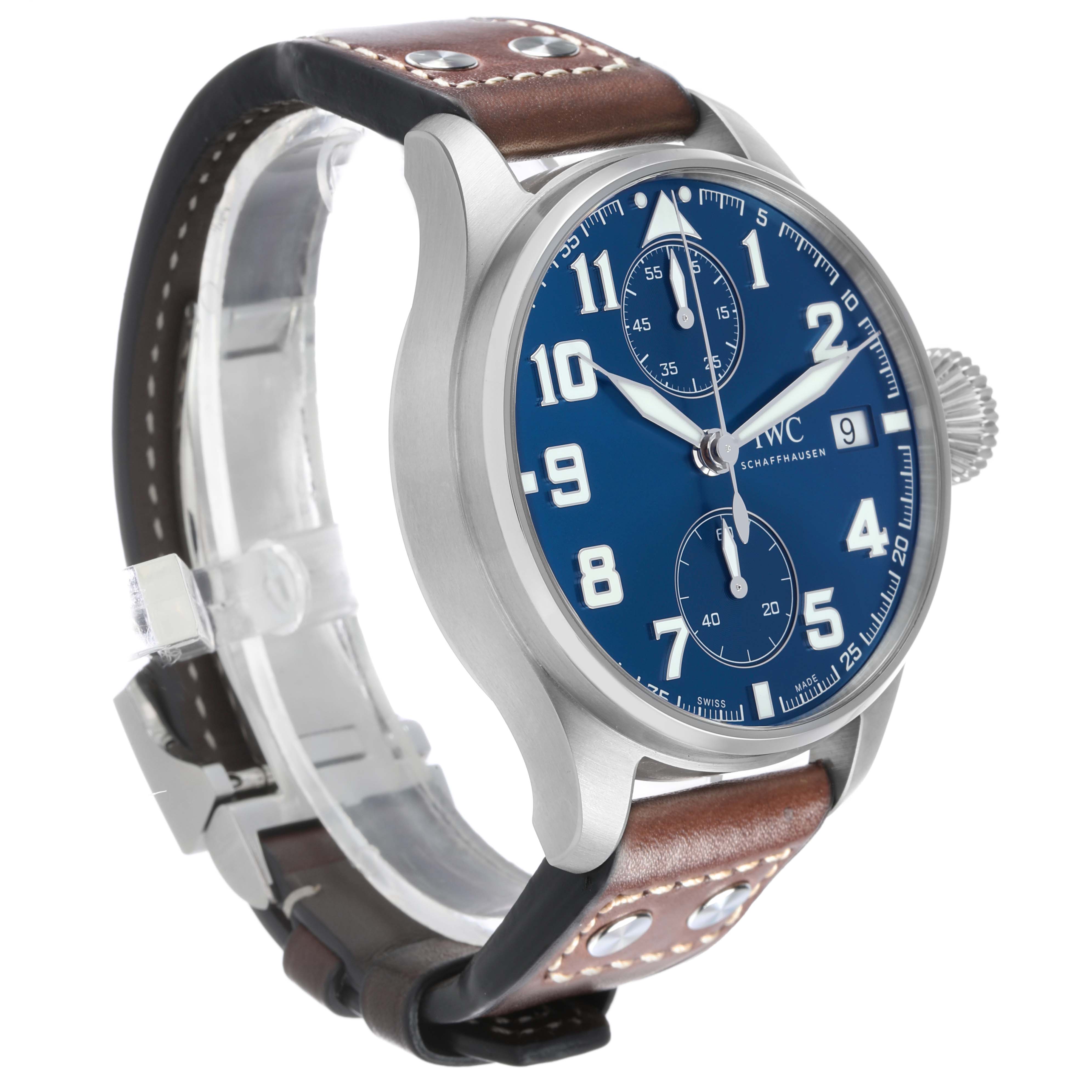 The IWC Pilot IW515202 Men's Stainless Steel Blue Dial watch is shown at a three-quarter angle, featuring a blue dial, large numerals, two subdials, and a brown leather strap.