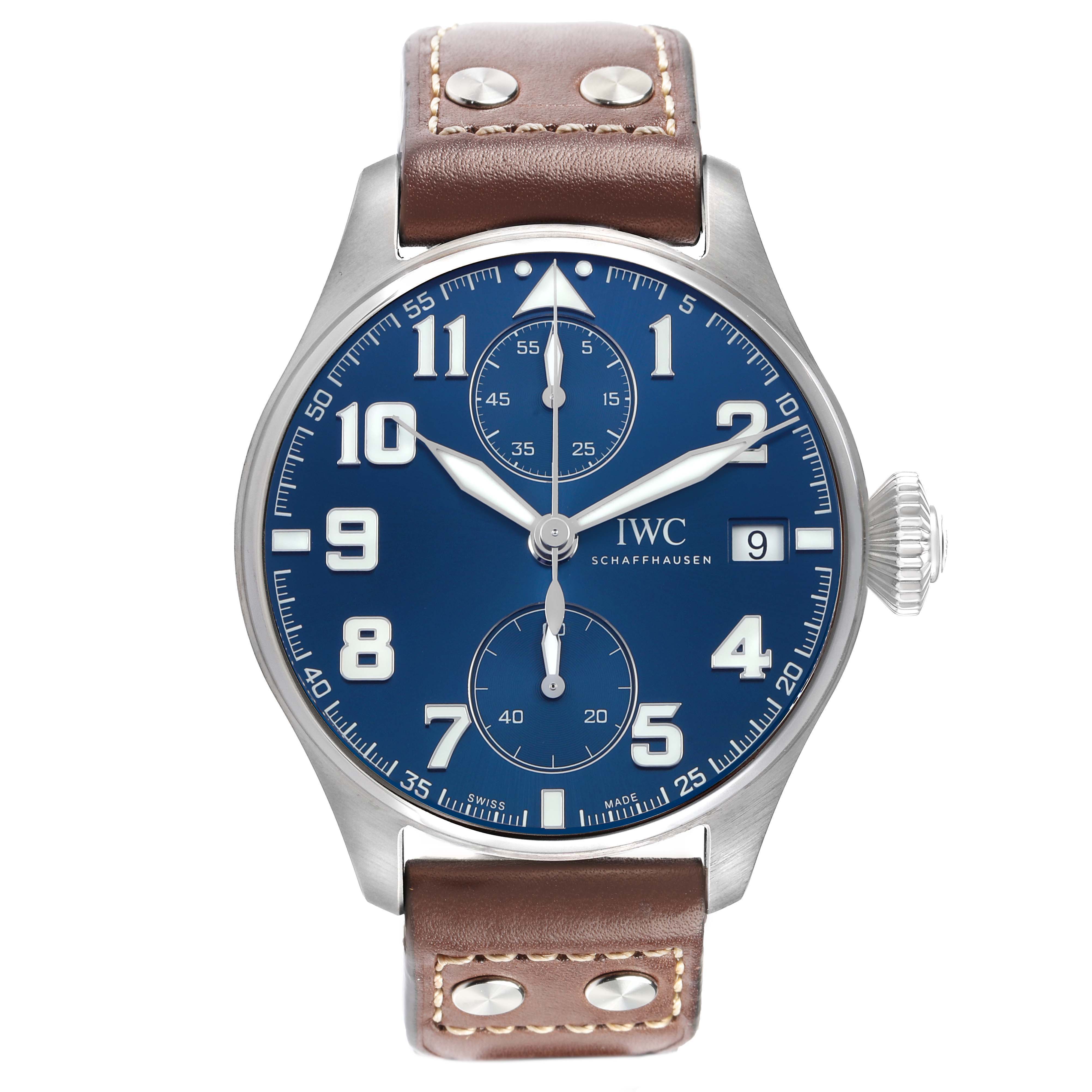 The IWC Pilot IW515202 Men's Stainless Steel Blue Dial model watch is shown from the front, highlighting its face, bezel, and leather strap with rivets.