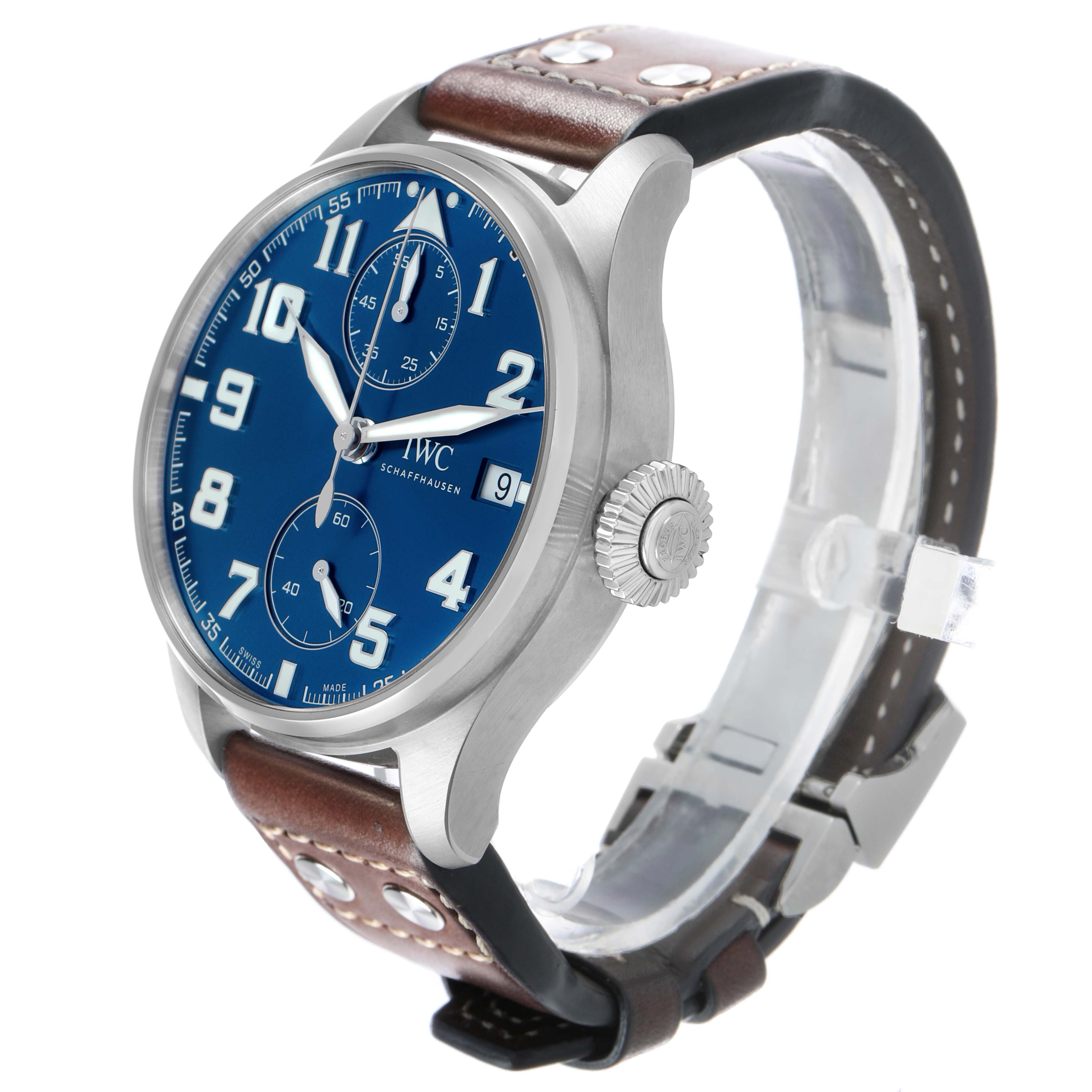 The IWC Pilot IW515202 Men's Stainless Steel Blue Dial model watch is shown from an angled side view, highlighting its blue dial, crown, and brown leather strap.