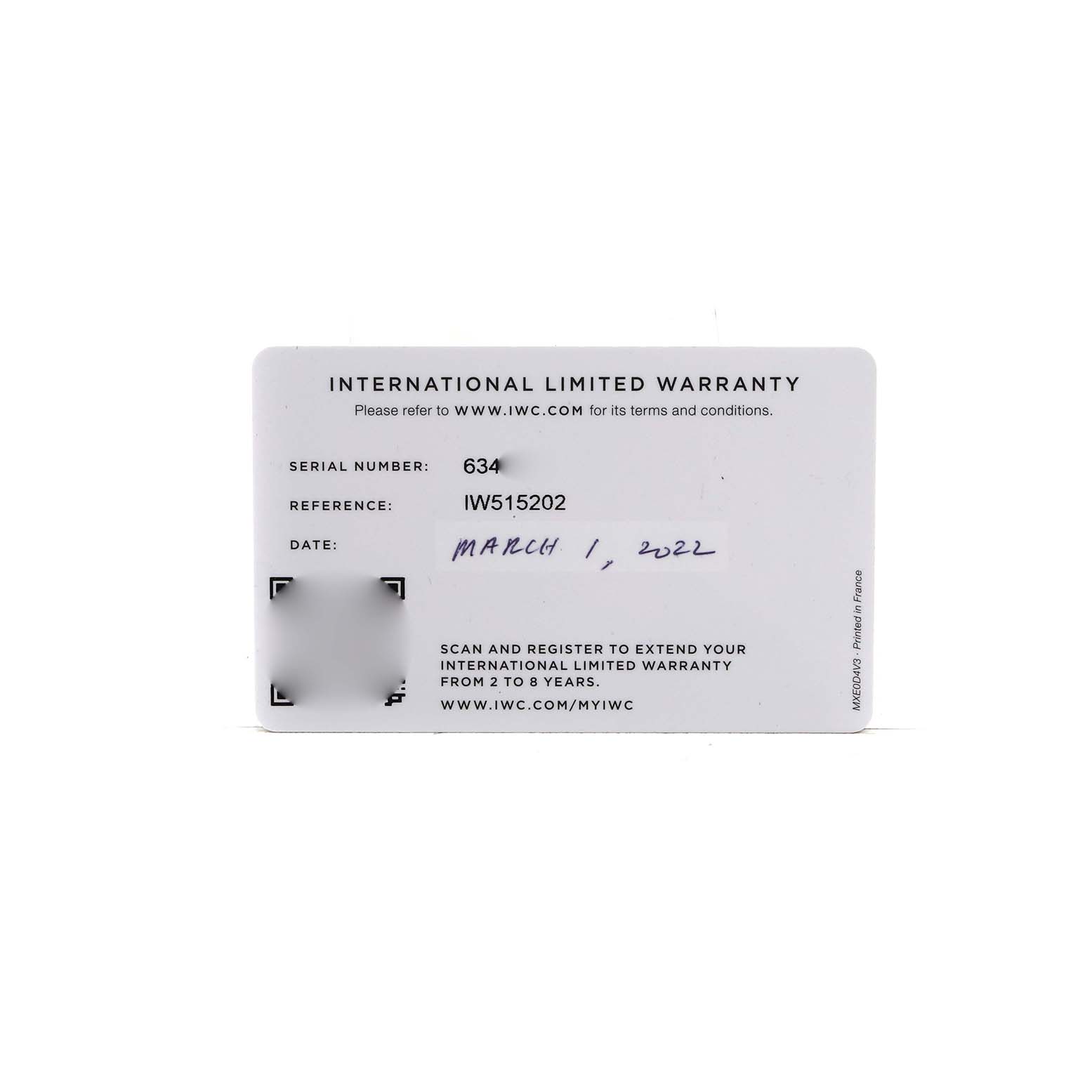 The image shows an International Limited Warranty card for an IWC Pilot IW515202 Men's Stainless Steel Blue Dial model watch.