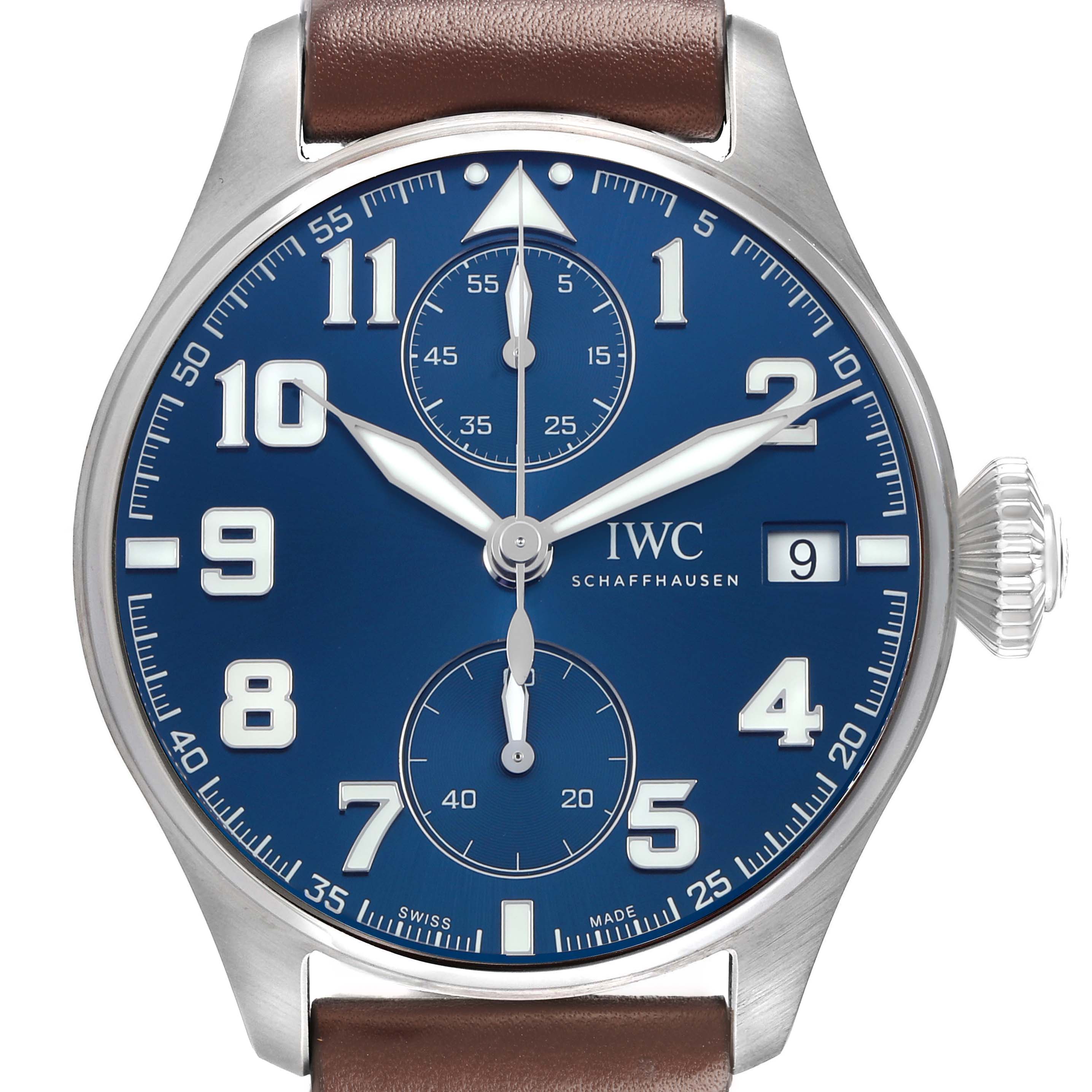 The image shows a front view of the IWC Pilot IW515202 Men's Stainless Steel Blue Dial watch with a blue dial, brown strap, and silver case.