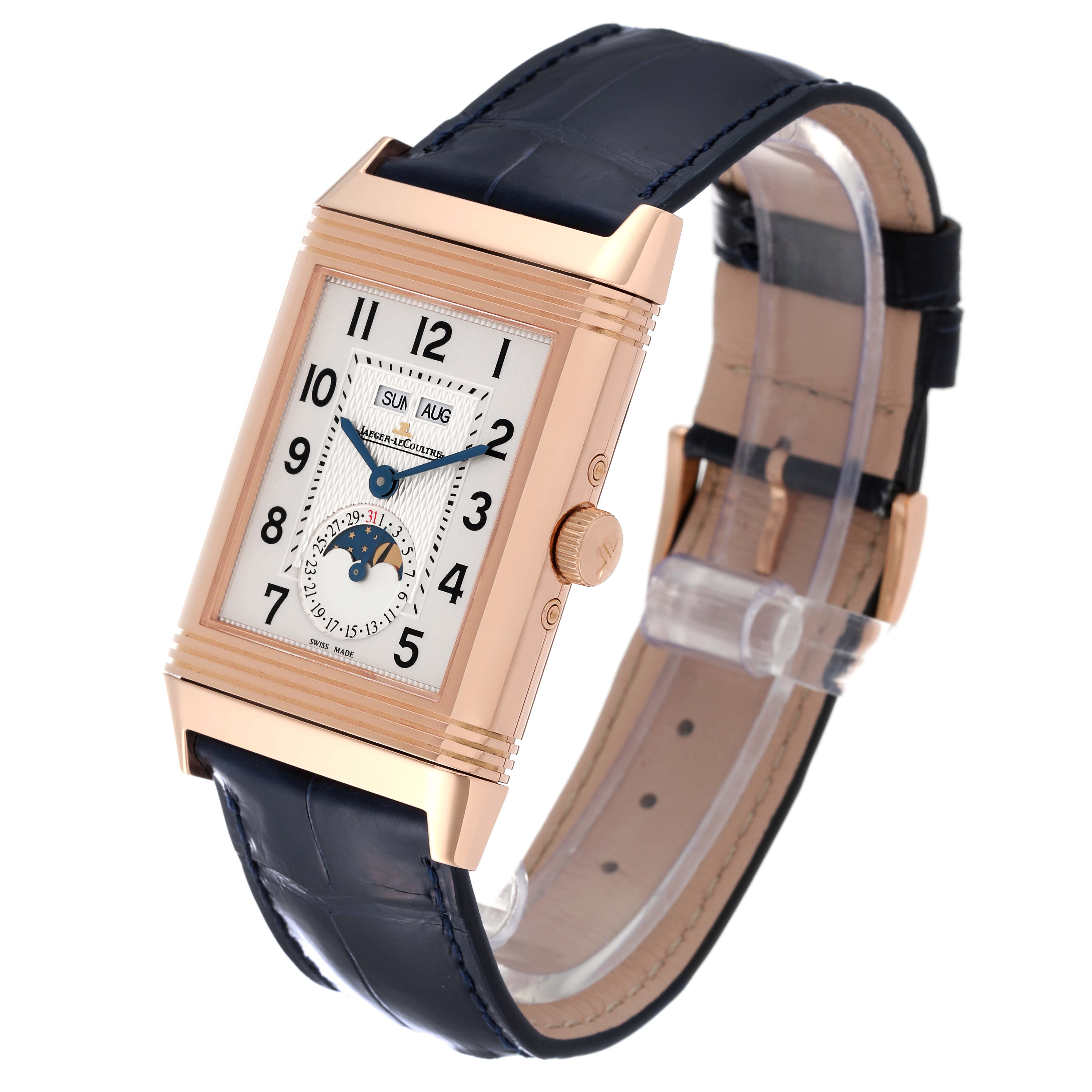 This Jaeger-LeCoultre Reverso watch is shown at an angle highlighting its rectangular dial and leather strap.