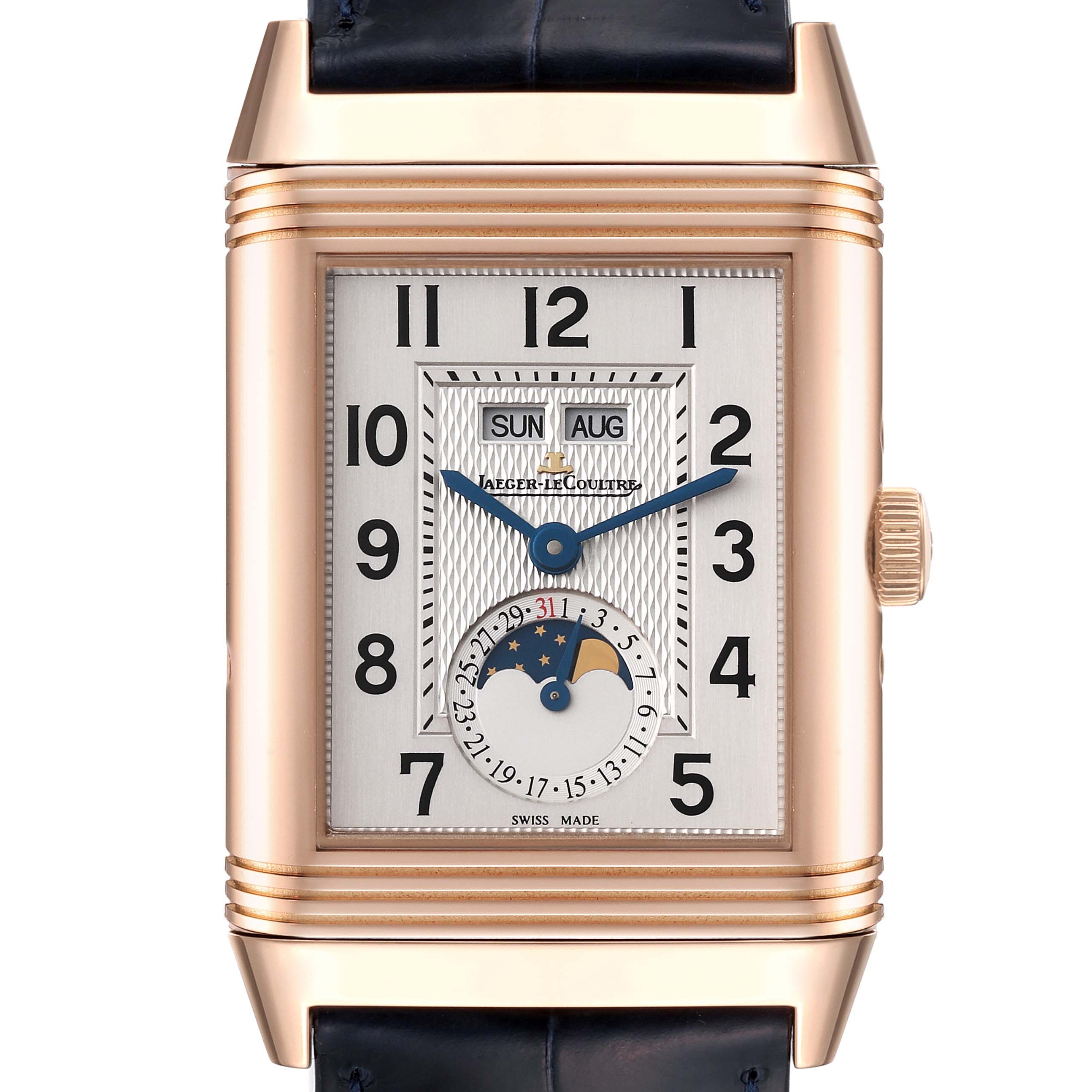 The image shows a front view of the Jaeger-LeCoultre Reverso watch, displaying its face, hour markers, hands, day and month windows, and a moon phase subdial.