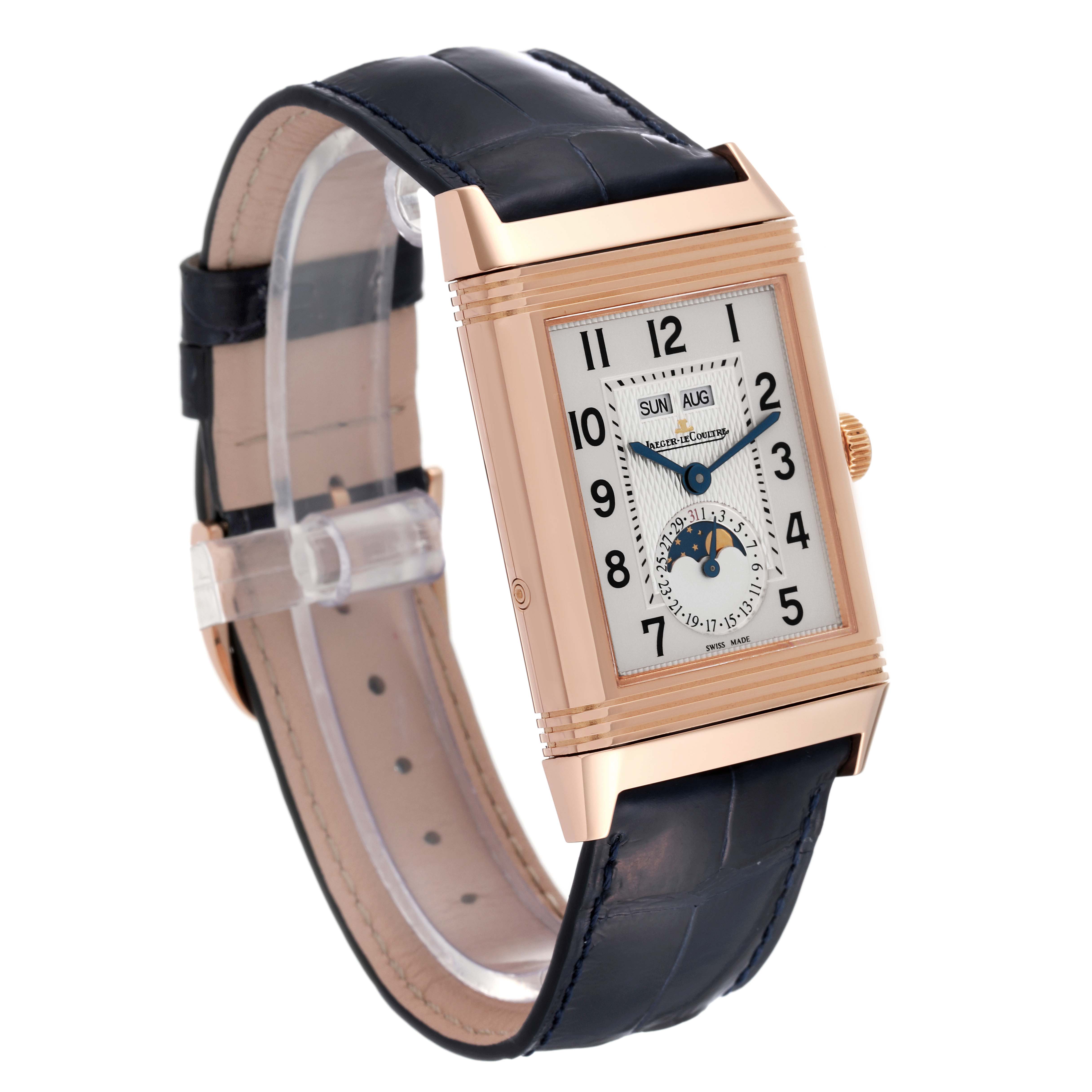 This Jaeger-LeCoultre Reverso watch is shown at a three-quarter angle, highlighting its rectangular dial, crown, and black leather strap.