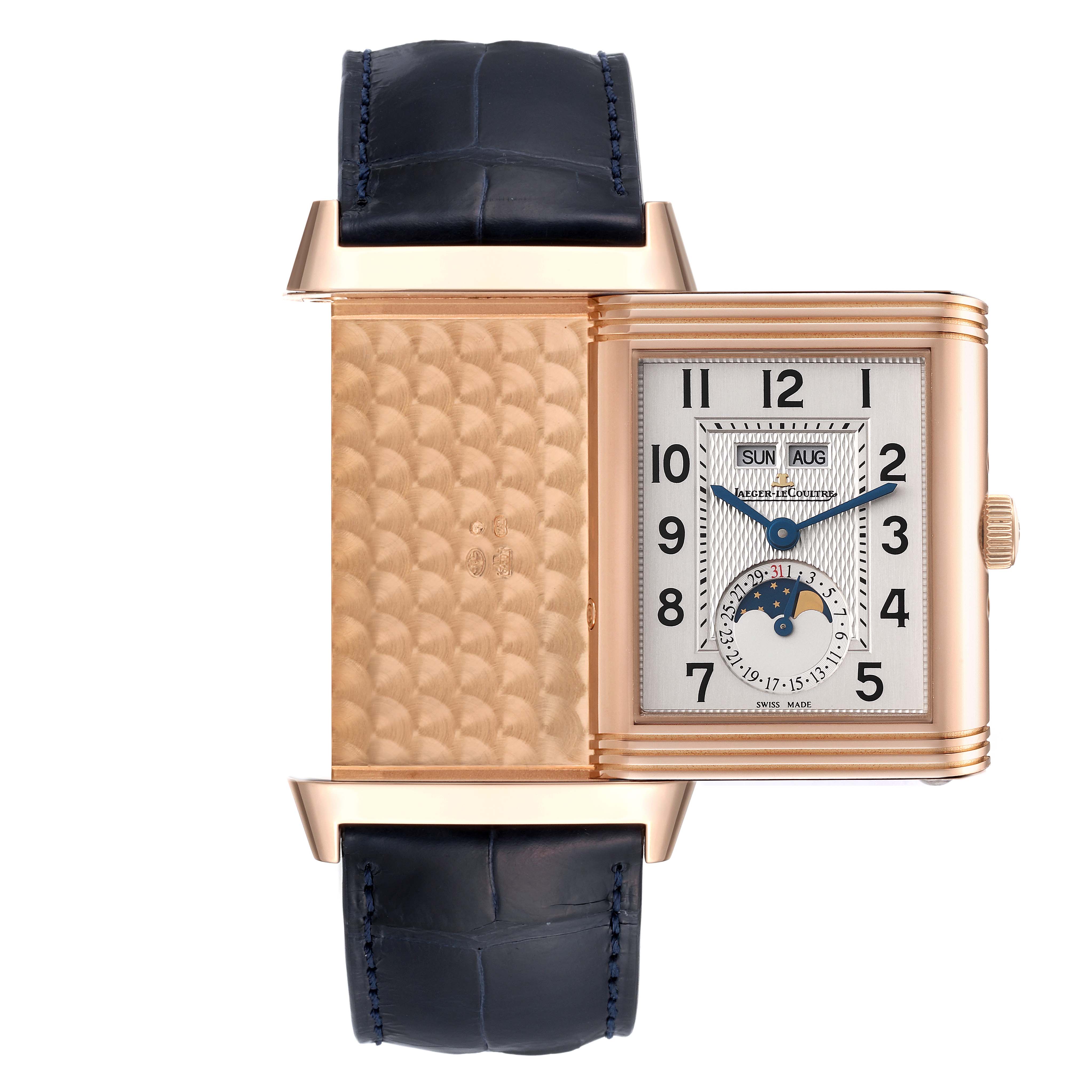 This image shows a Jaeger-LeCoultre Reverso watch at a front angle with its case partially flipped to reveal the decorative back.