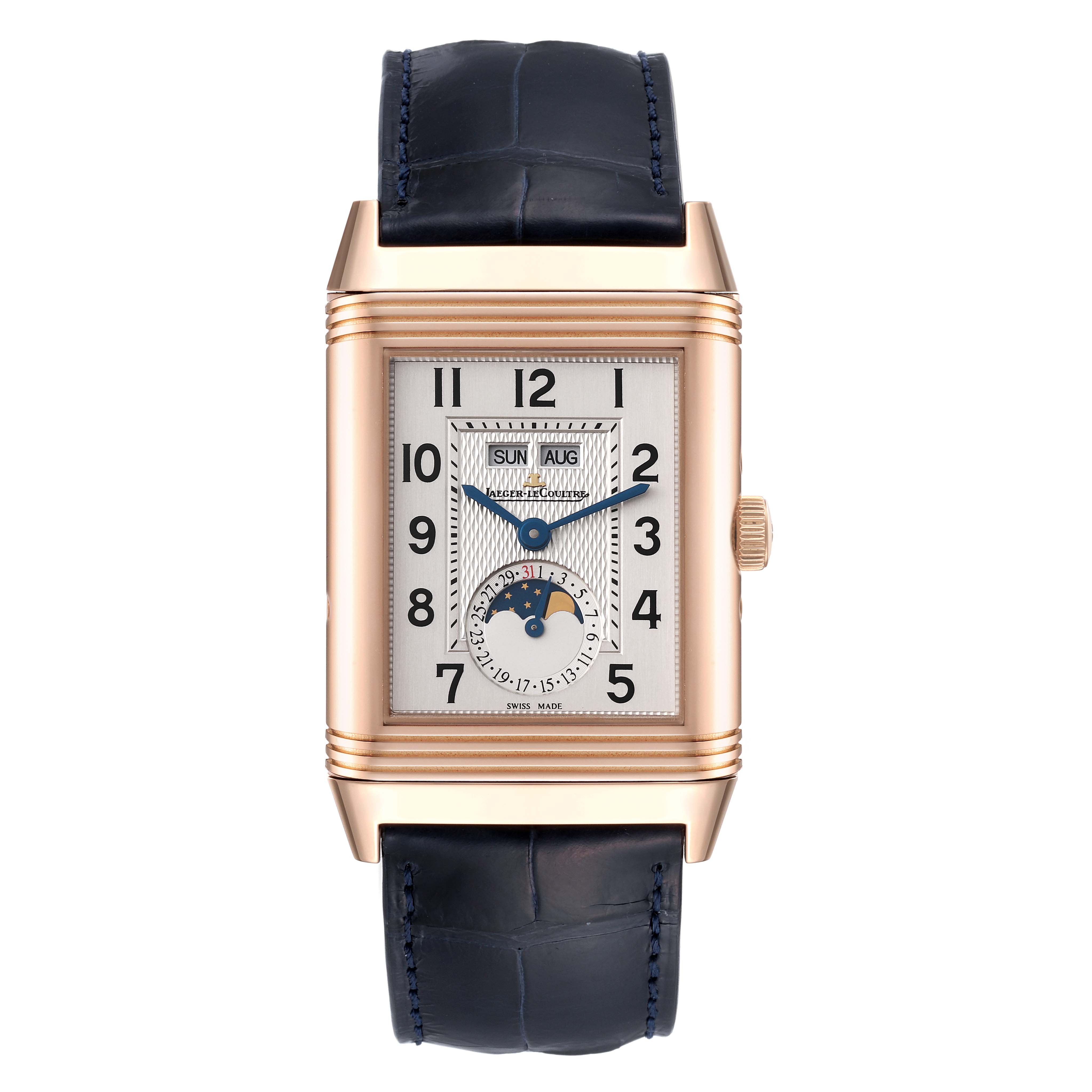 The image shows a full frontal view of the Jaeger LeCoultre Reverso Q3752520 Men
s Rose Gold Silver Dial Q3752520 Men
s Rose Gold Silver Dial watch, highlighting the face, hands, numerals, and strap.