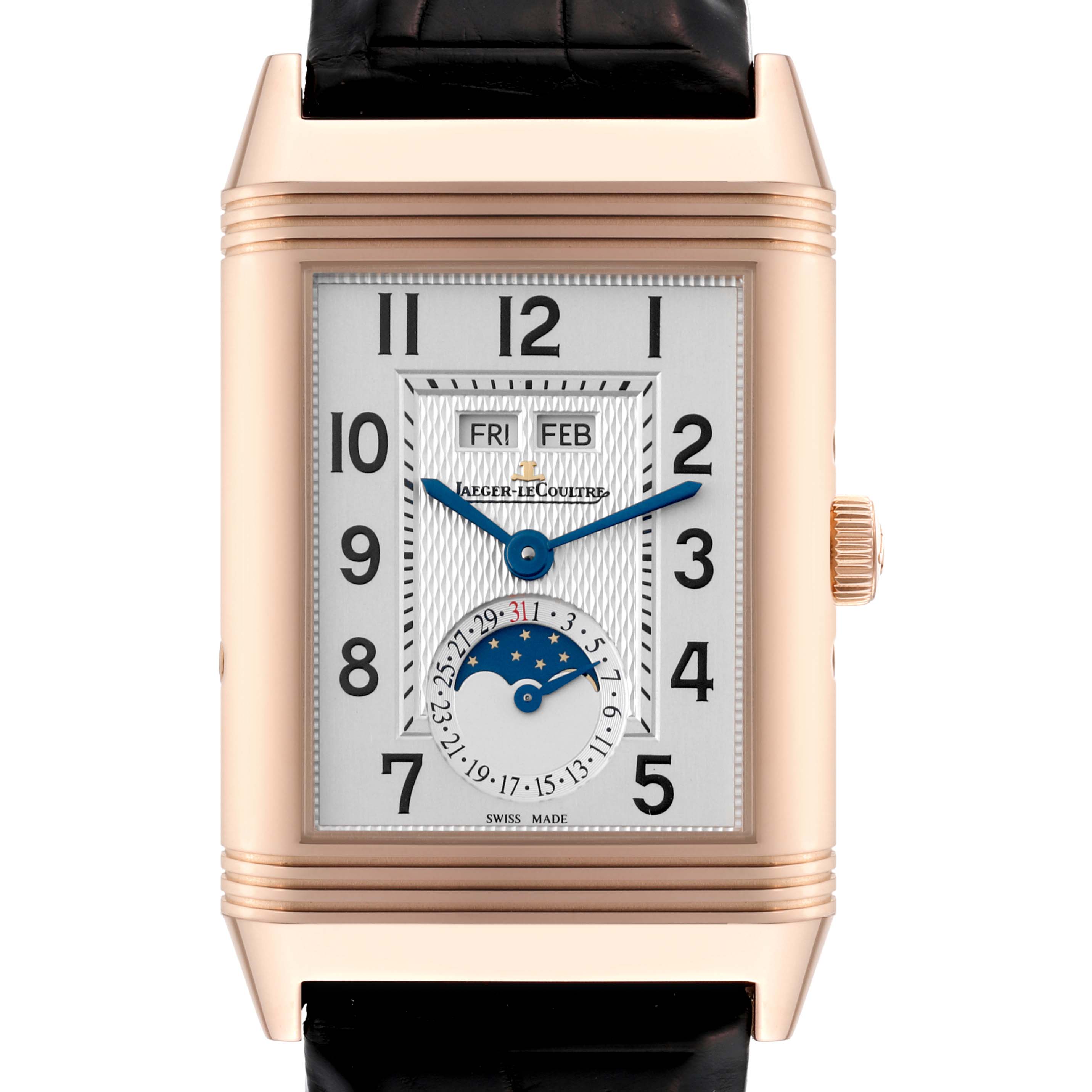This Jaeger-LeCoultre Reverso watch is shown from a front angle, highlighting the rectangular face and calendar functions.