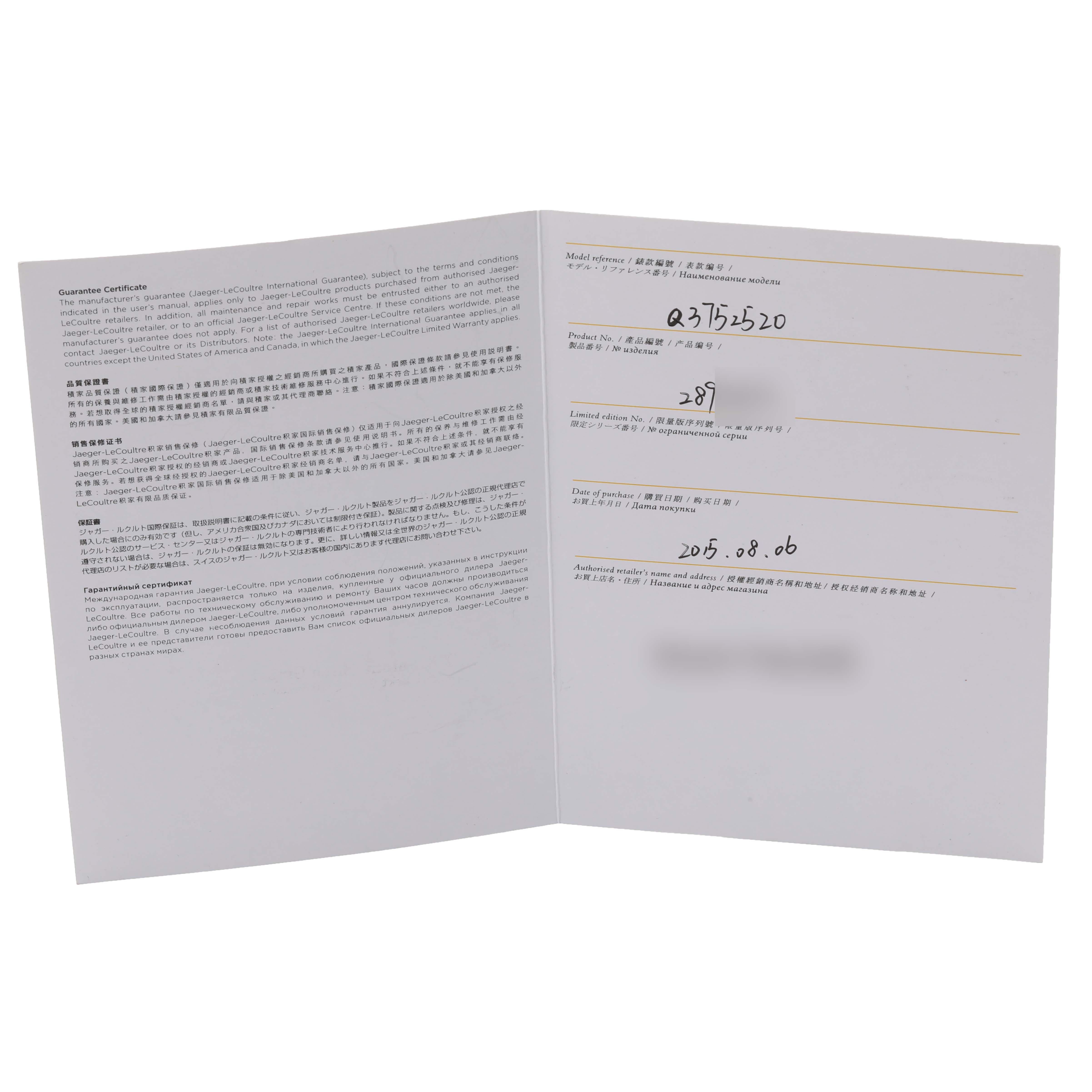 The image shows the guarantee certificate for the Reverso model by Jaeger LeCoultre, opened to display terms and handwritten details.