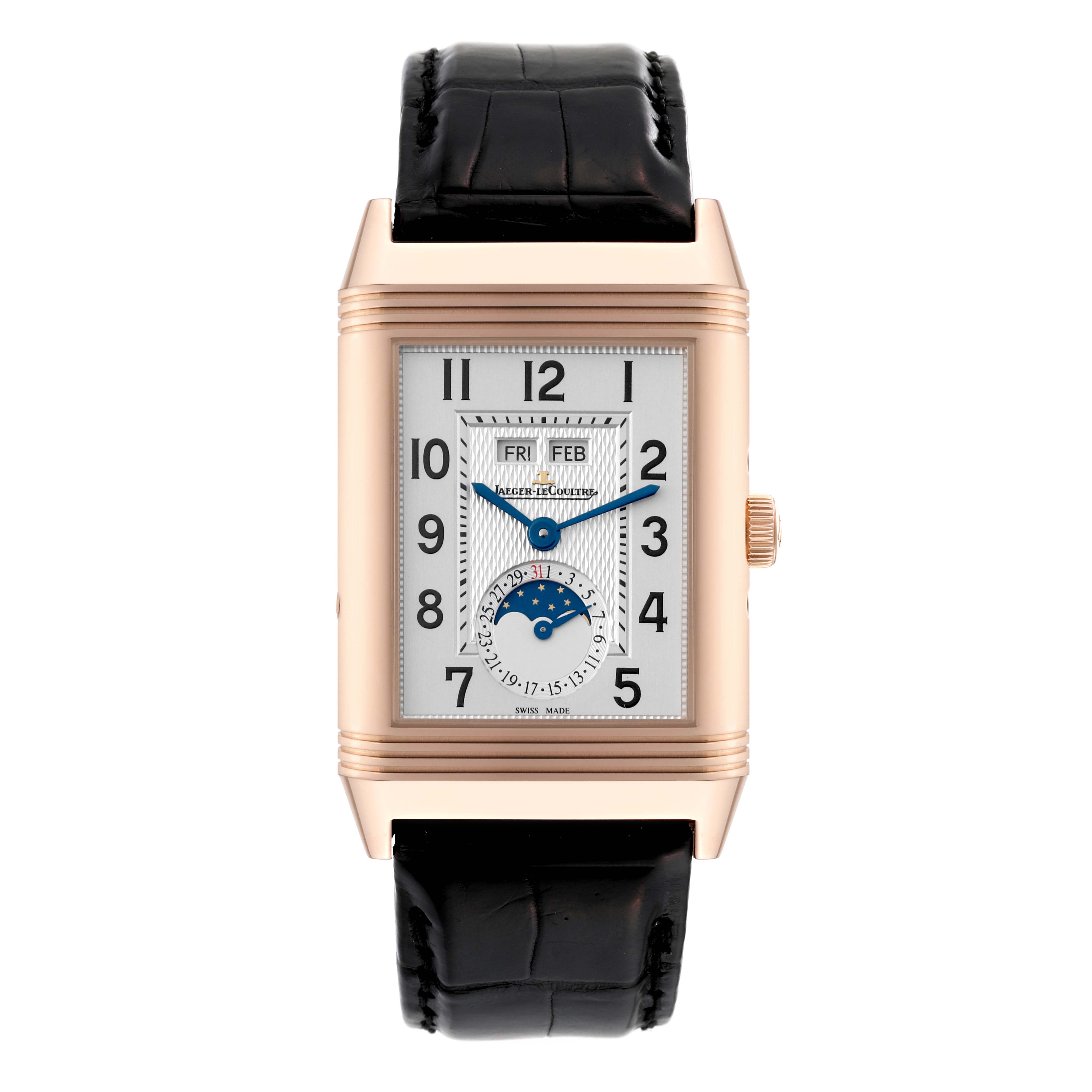 The image shows a front view of a Jaeger LeCoultre Reverso Q3752520 Men's Rose Gold Silver Dial Q3752520 Men's Rose Gold Silver Dial watch, highlighting its face, dial, and black leather strap.