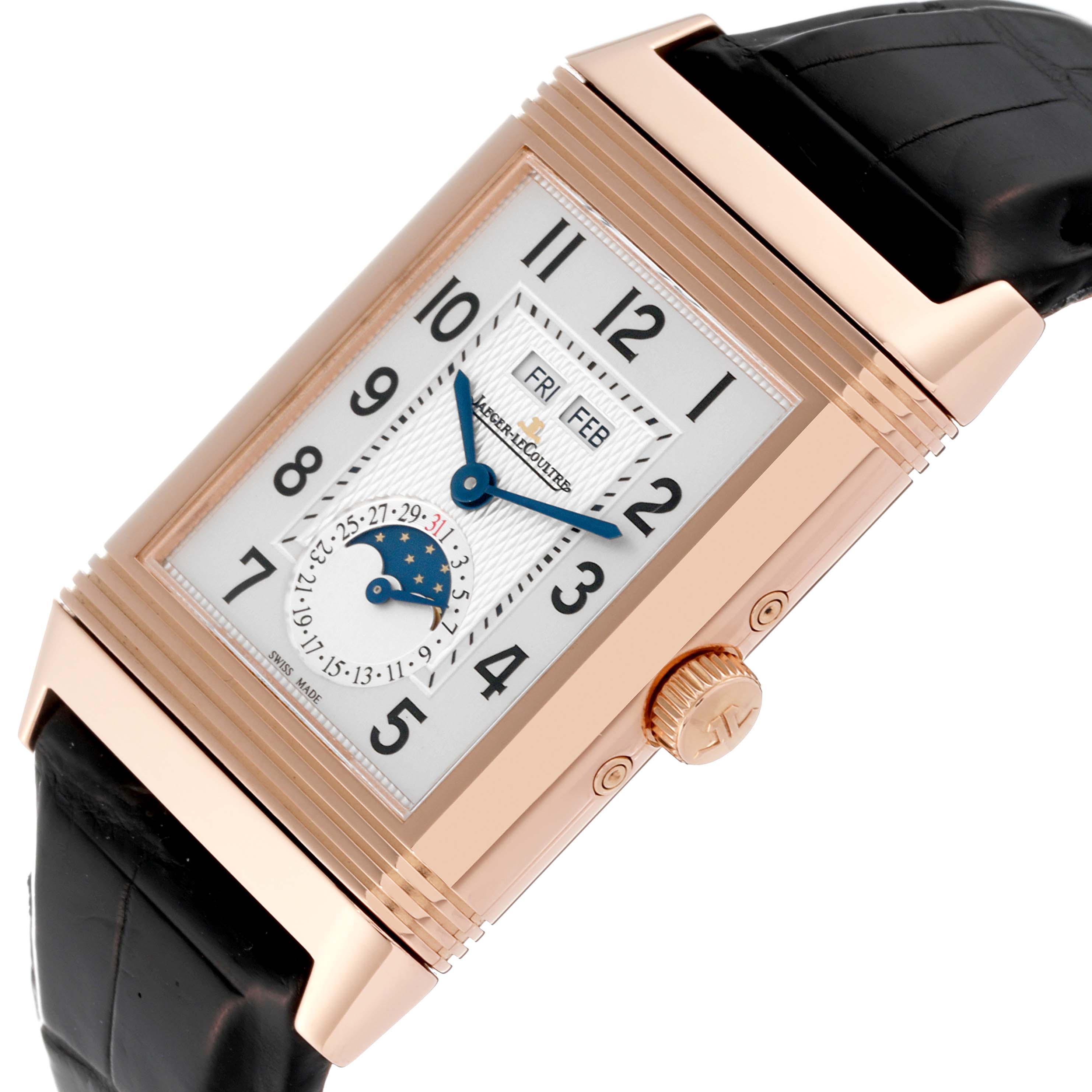 The Jaeger LeCoultre Reverso Q3752520 Men's Rose Gold Silver Dial Q3752520 Men's Rose Gold Silver Dial watch is shown at a slight top-down angle, highlighting the face, case, crown, and part of the strap.