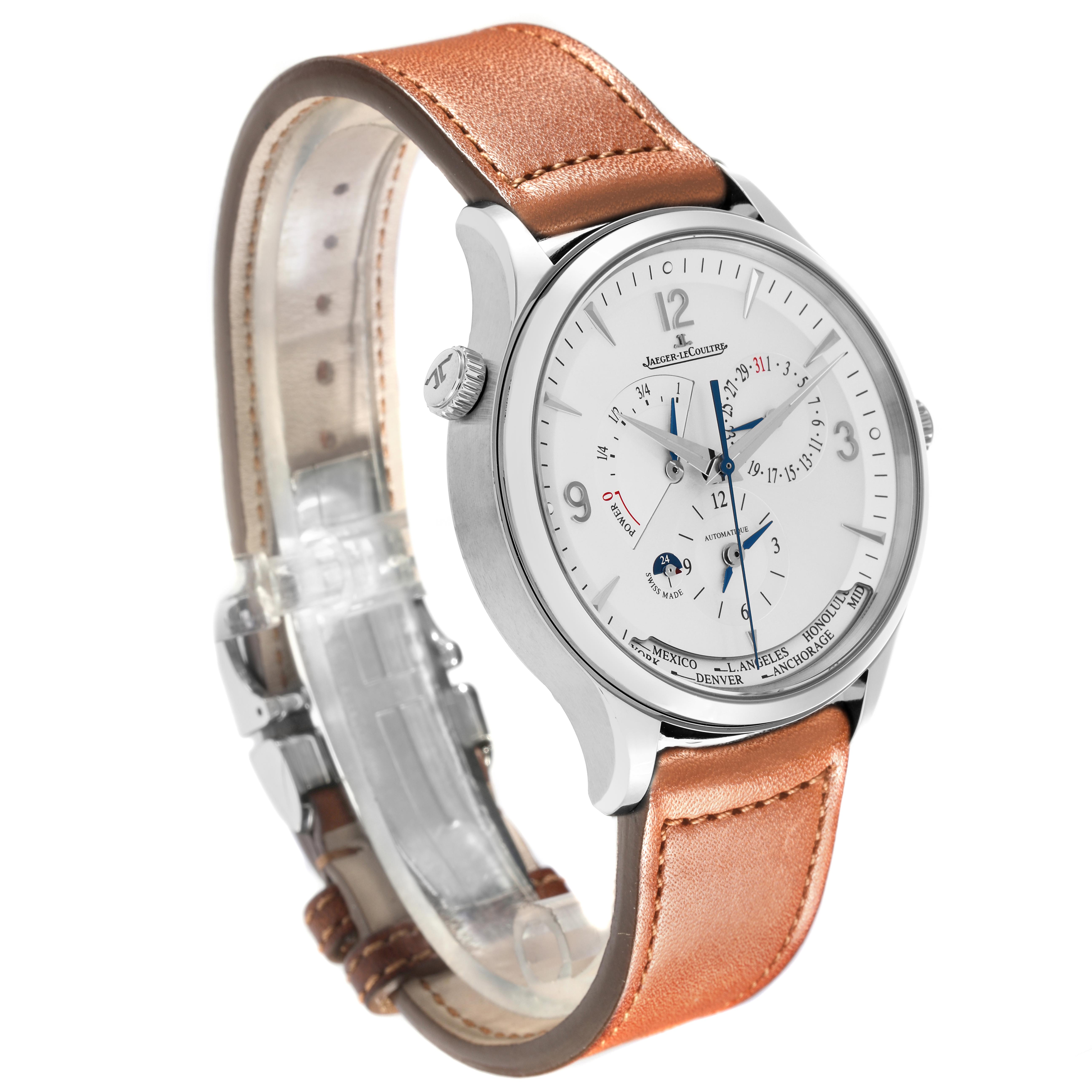 The Jaeger LeCoultre Master Q4128420 Men
s Stainless Steel Silver Dial Q4128420 Men
s Stainless Steel Silver Dial watch is shown at a three-quarter angle, highlighting the dial, case, and leather strap.