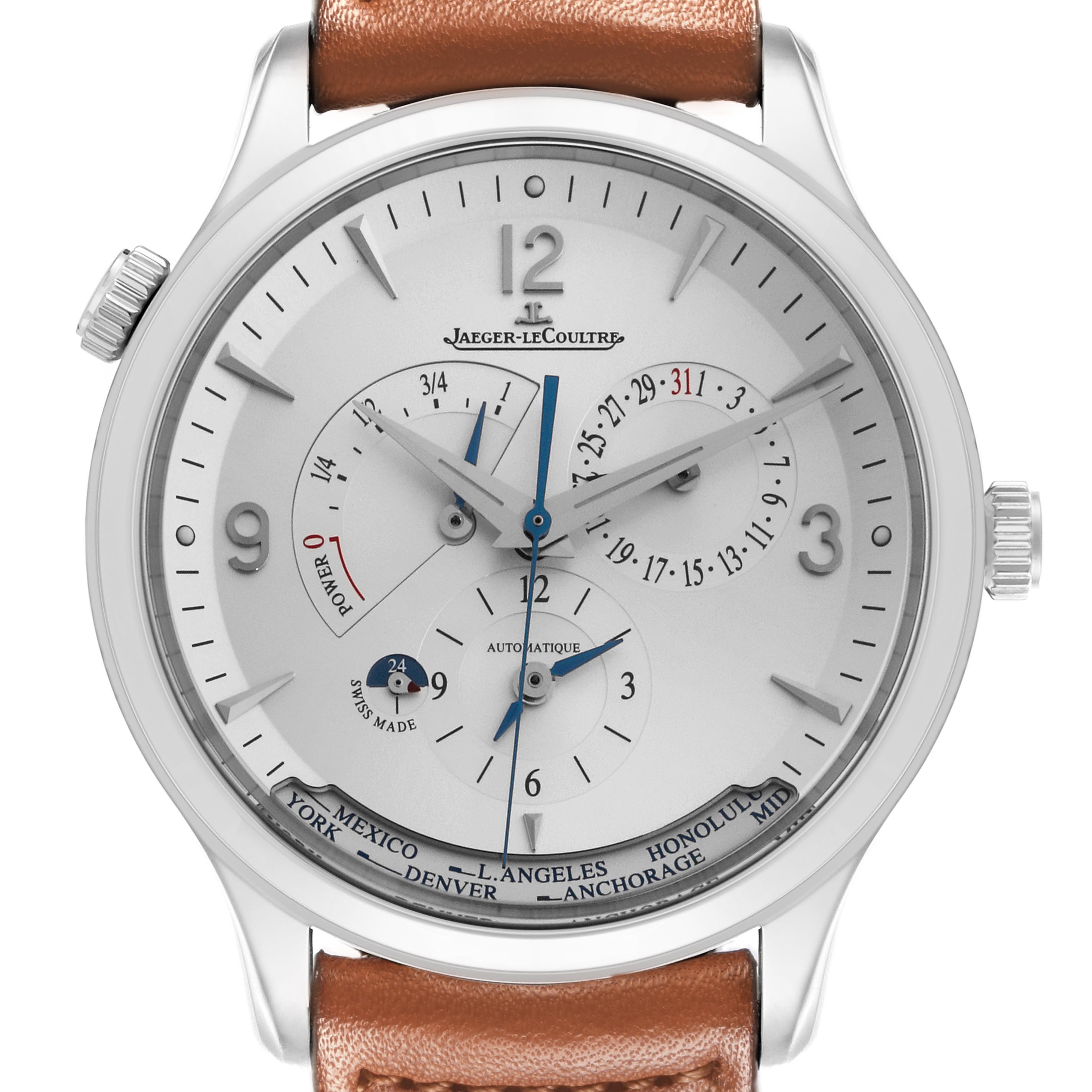 The Jaeger-LeCoultre Master watch is shown from a front angle, displaying its dial, hands, subdials, and brown leather strap.