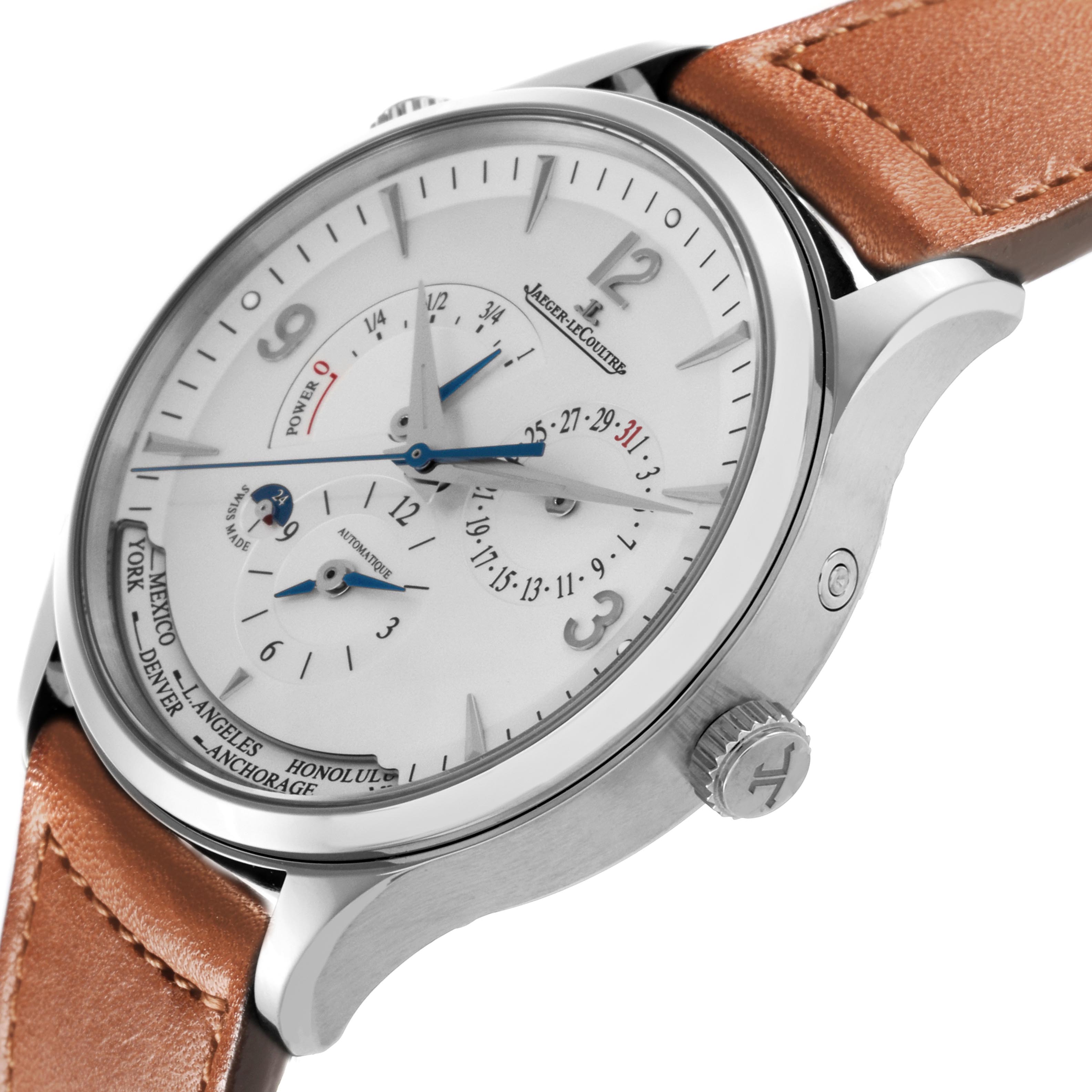 The Jaeger-LeCoultre Master watch is shown at an angle highlighting its face, subdials, crown, and tan leather strap.