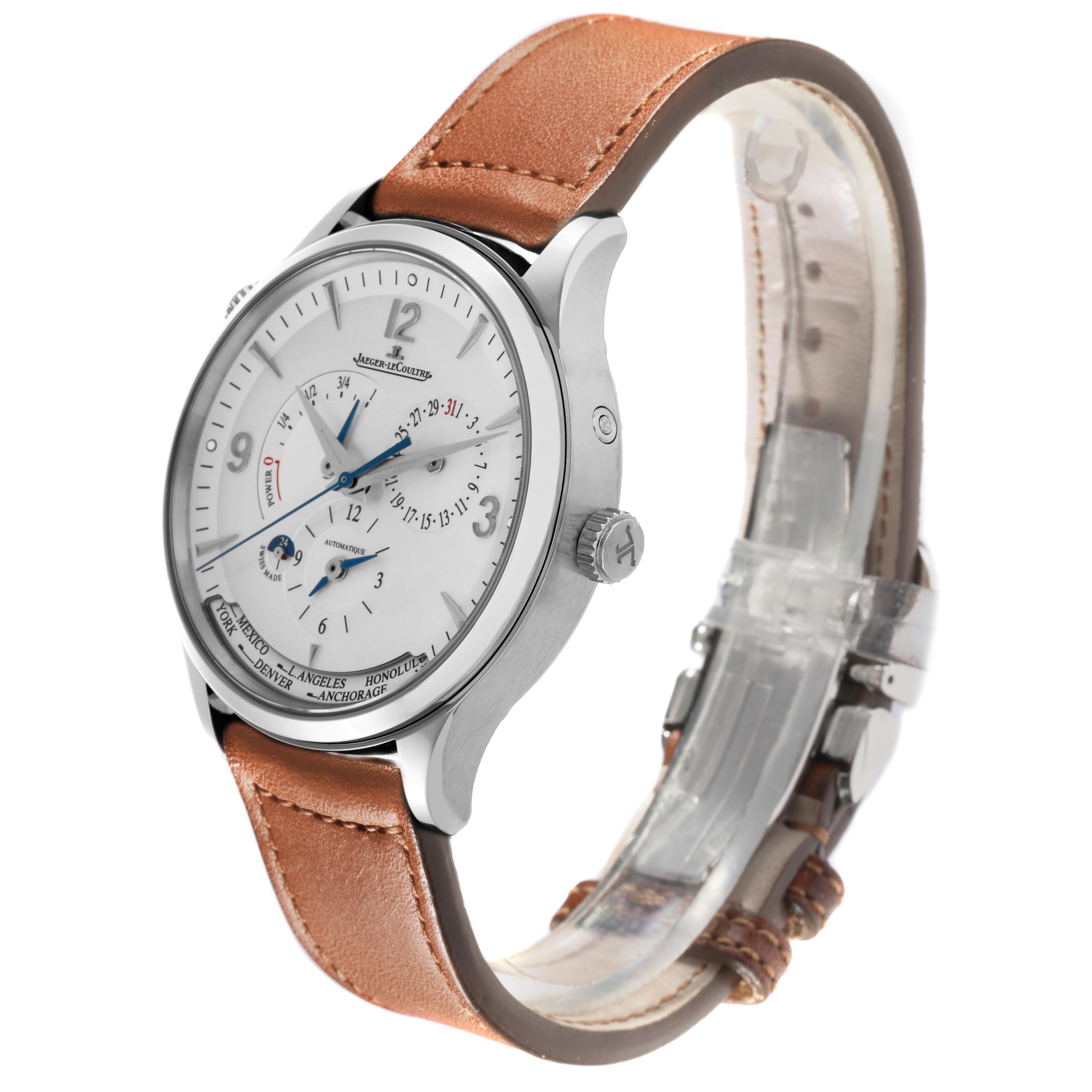 The Jaeger-LeCoultre Master watch is shown from a three-quarter angle, highlighting the dial, case, crown, and leather strap.