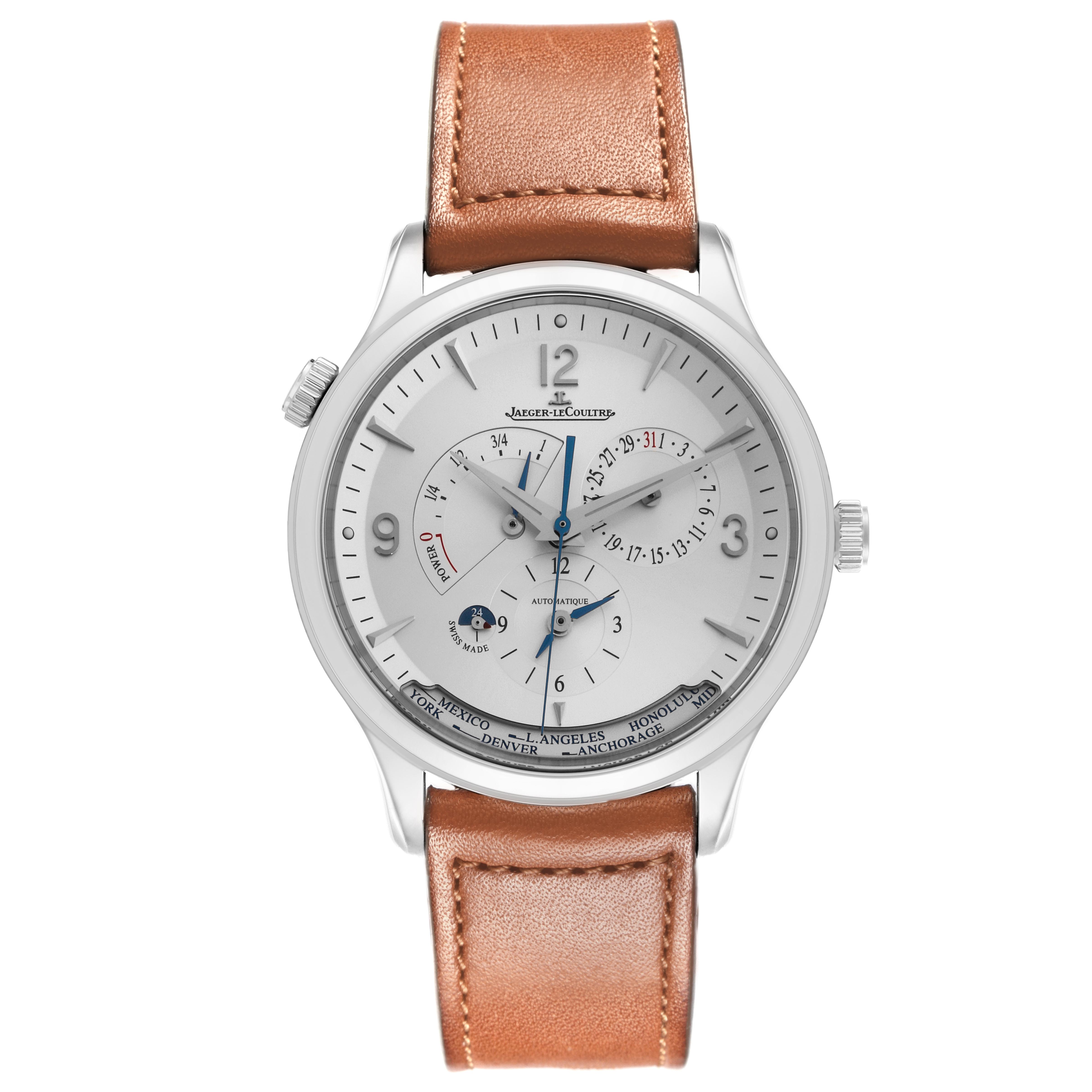 The Jaeger LeCoultre Master Q4128420 Men
s Stainless Steel Silver Dial Q4128420 Men
s Stainless Steel Silver Dial watch is shown from the front, displaying its dial, hands, subdials, crown, and leather strap.