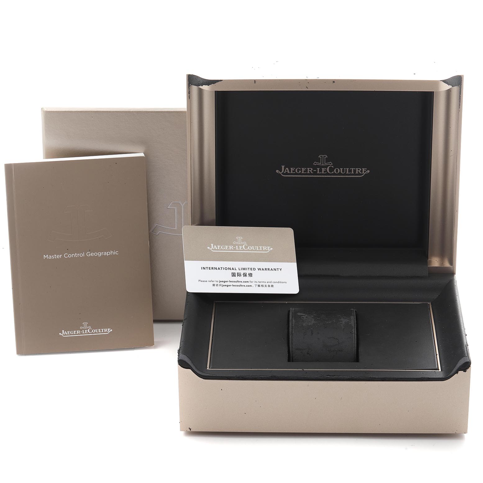 The Jaeger-LeCoultre Master model is shown with its open box, booklet, and warranty card.