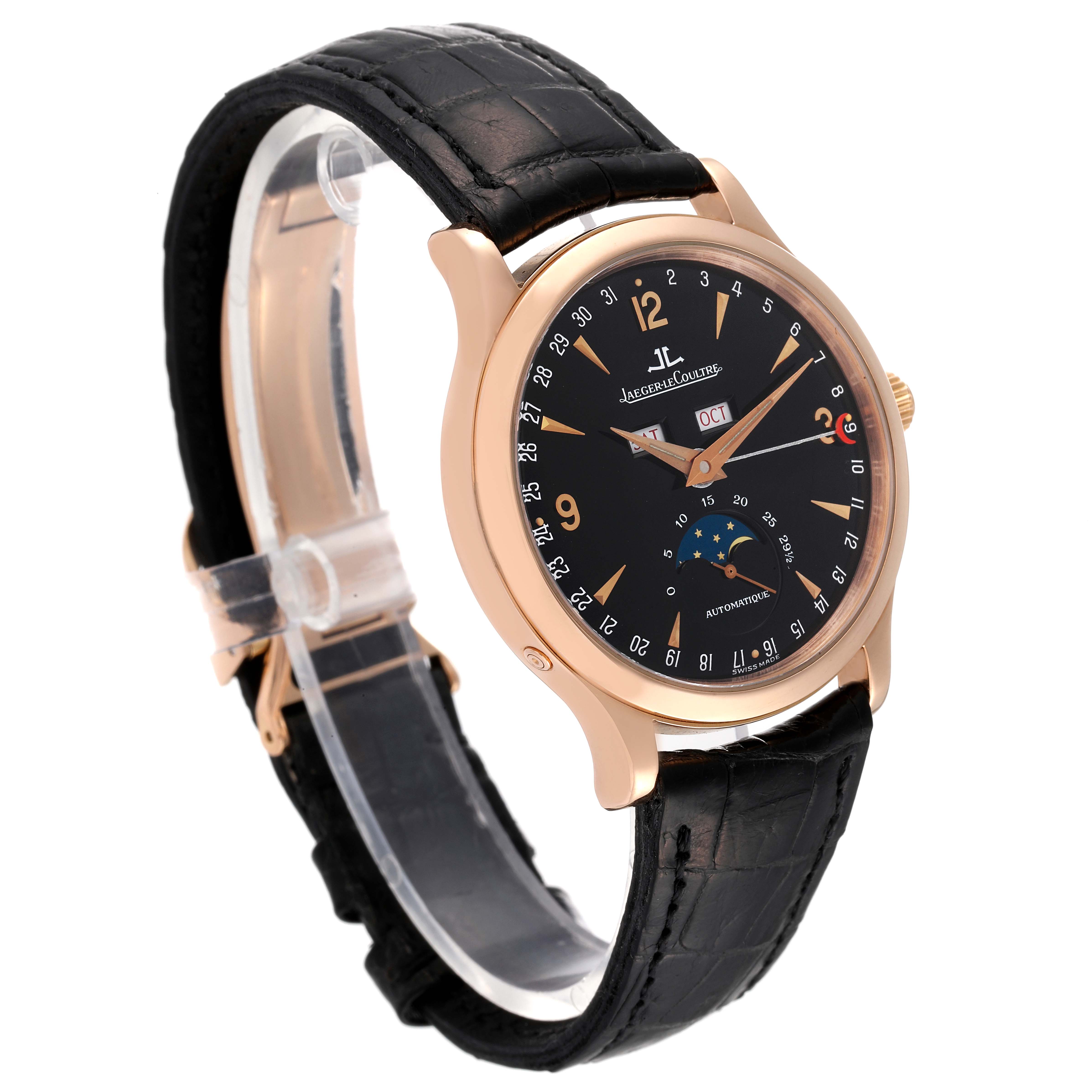 This image shows a Jaeger LeCoultre Master 140.2.98.S Men's Rose Gold Black Dial 140.2.98.S Men's Rose Gold Black Dial model watch angled to display the dial, bezel, and leather strap.