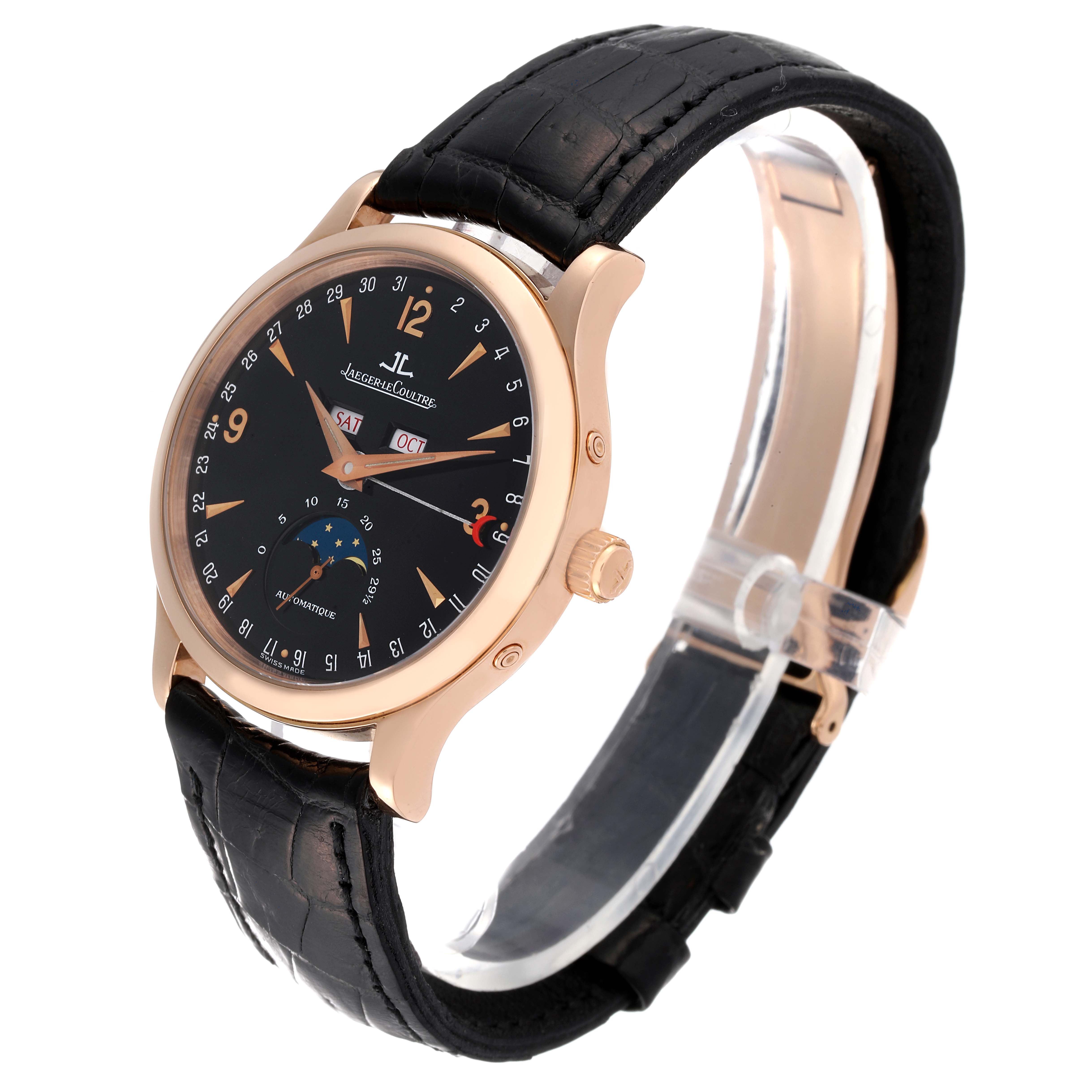 The image shows a Jaeger LeCoultre Master 140.2.98.S Men's Rose Gold Black Dial 140.2.98.S Men's Rose Gold Black Dial model watch at a three-quarter side view, highlighting the face, crown, and strap.