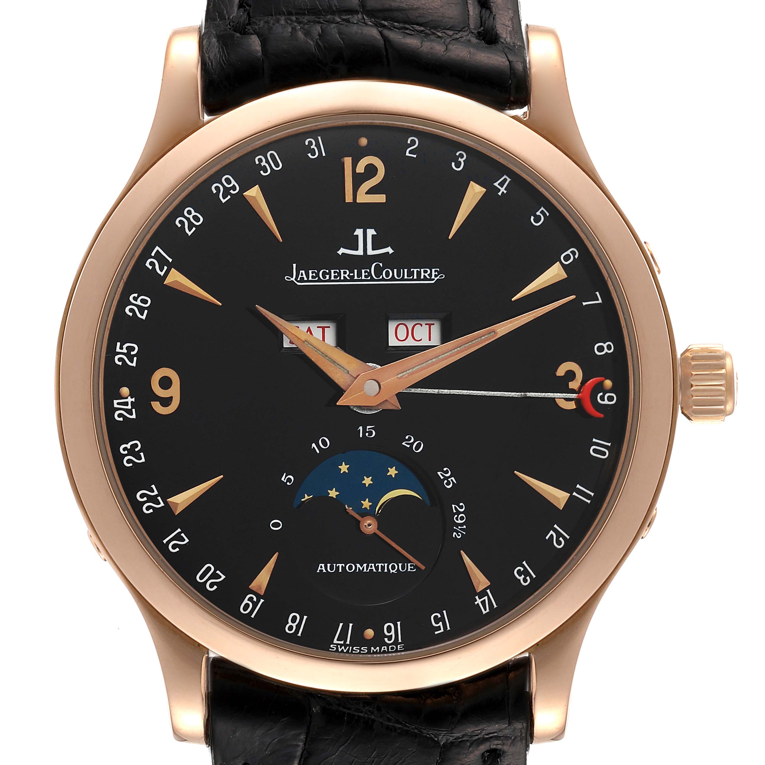 The image shows a front-facing view of the Jaeger-LeCoultre Master watch, displaying the dial and complications.