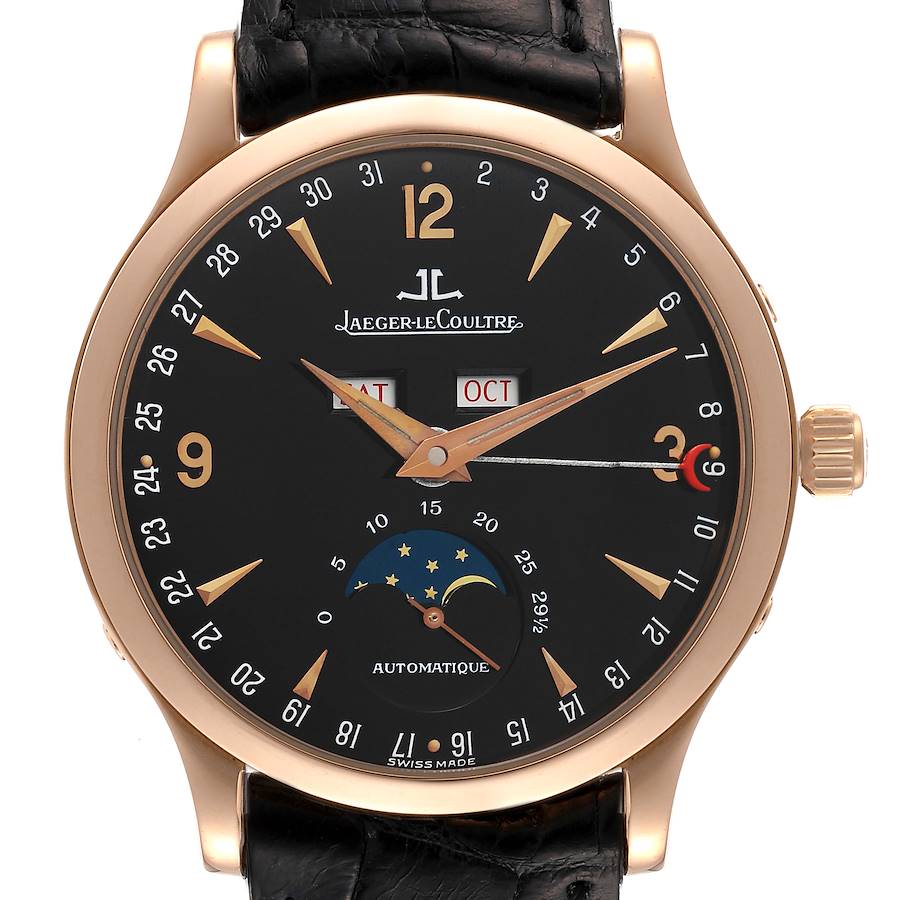 Jaeger Lecoultre Master Moonphase Rose Gold Black Dial Mens Watch 140.2.98.S SwissWatchExpo