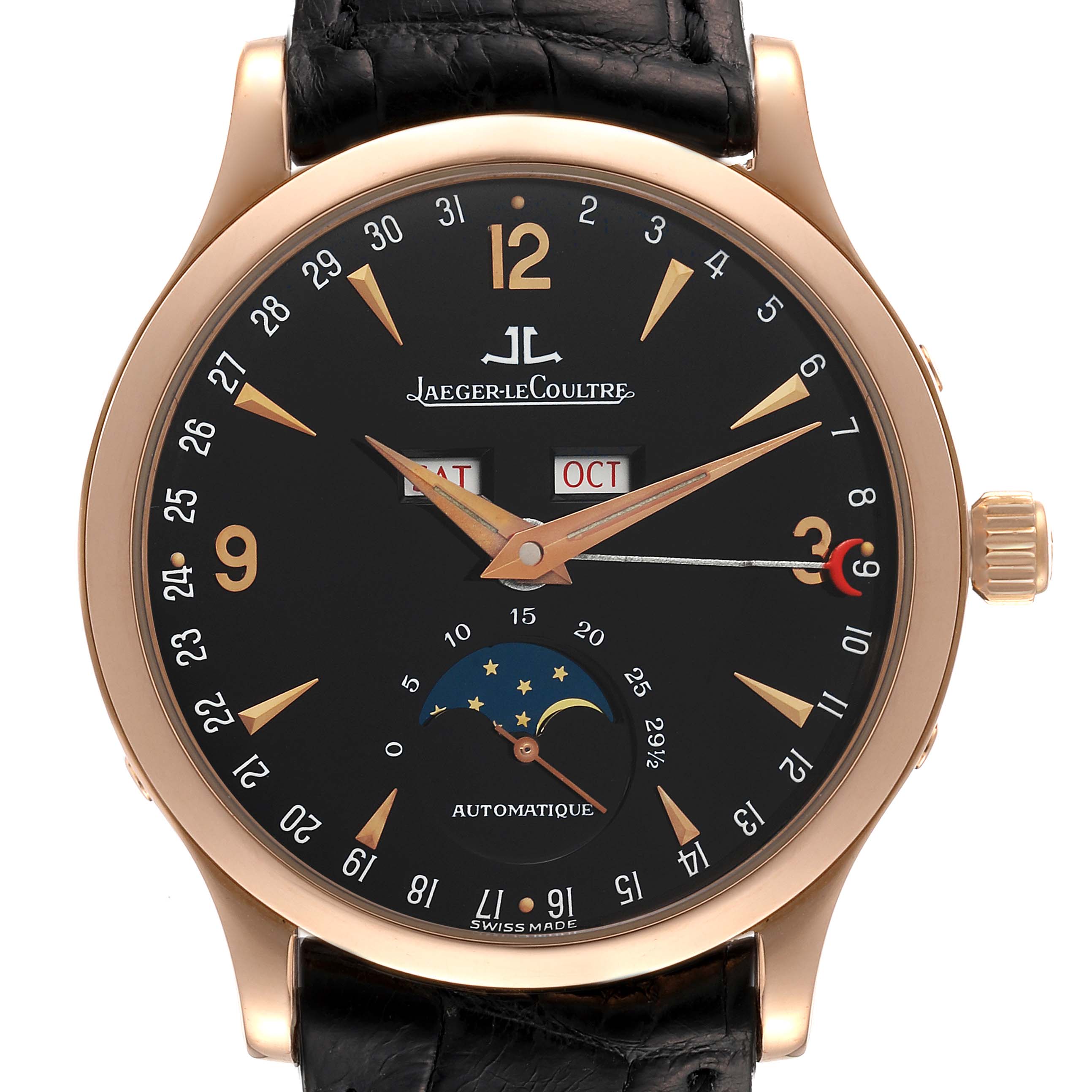 Jaeger Lecoultre Master Moonphase Rose Gold Black Dial Mens Watch