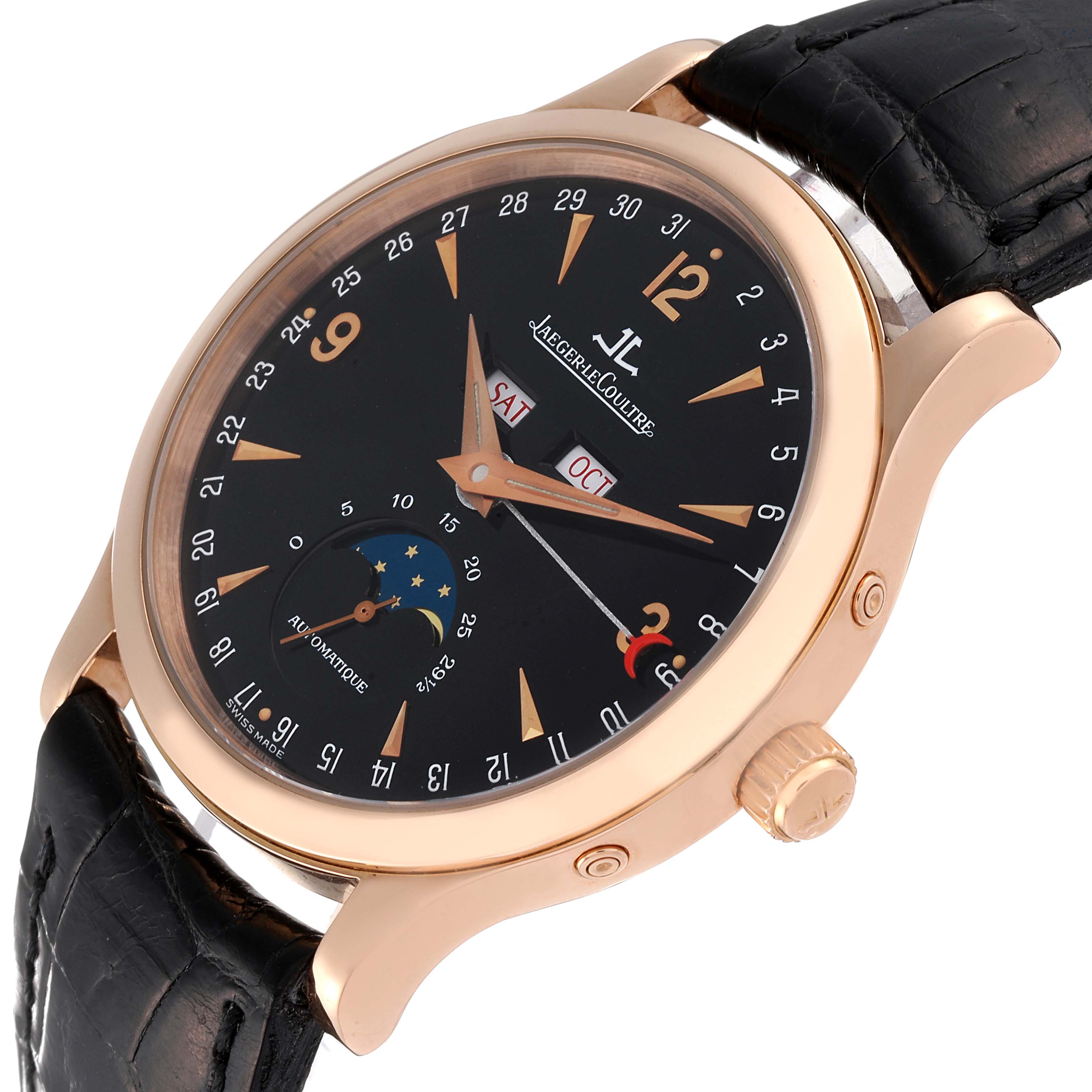 The image shows a Jaeger LeCoultre Master 140.2.98.S Men's Rose Gold Black Dial 140.2.98.S Men's Rose Gold Black Dial model watch at an angled view, displaying its face, crown, and part of the strap.