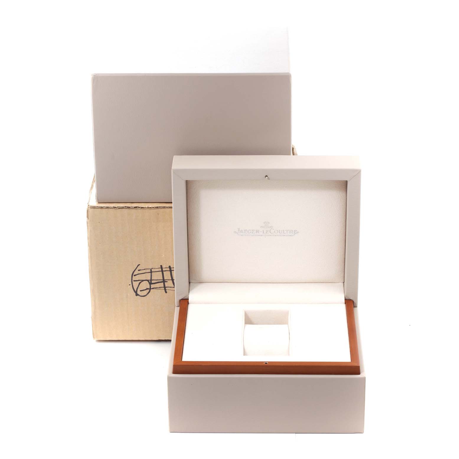 This image shows an open packaging box for a Jaeger LeCoultre Master 140.2.98.S Men's Rose Gold Black Dial 140.2.98.S Men's Rose Gold Black Dial model watch.