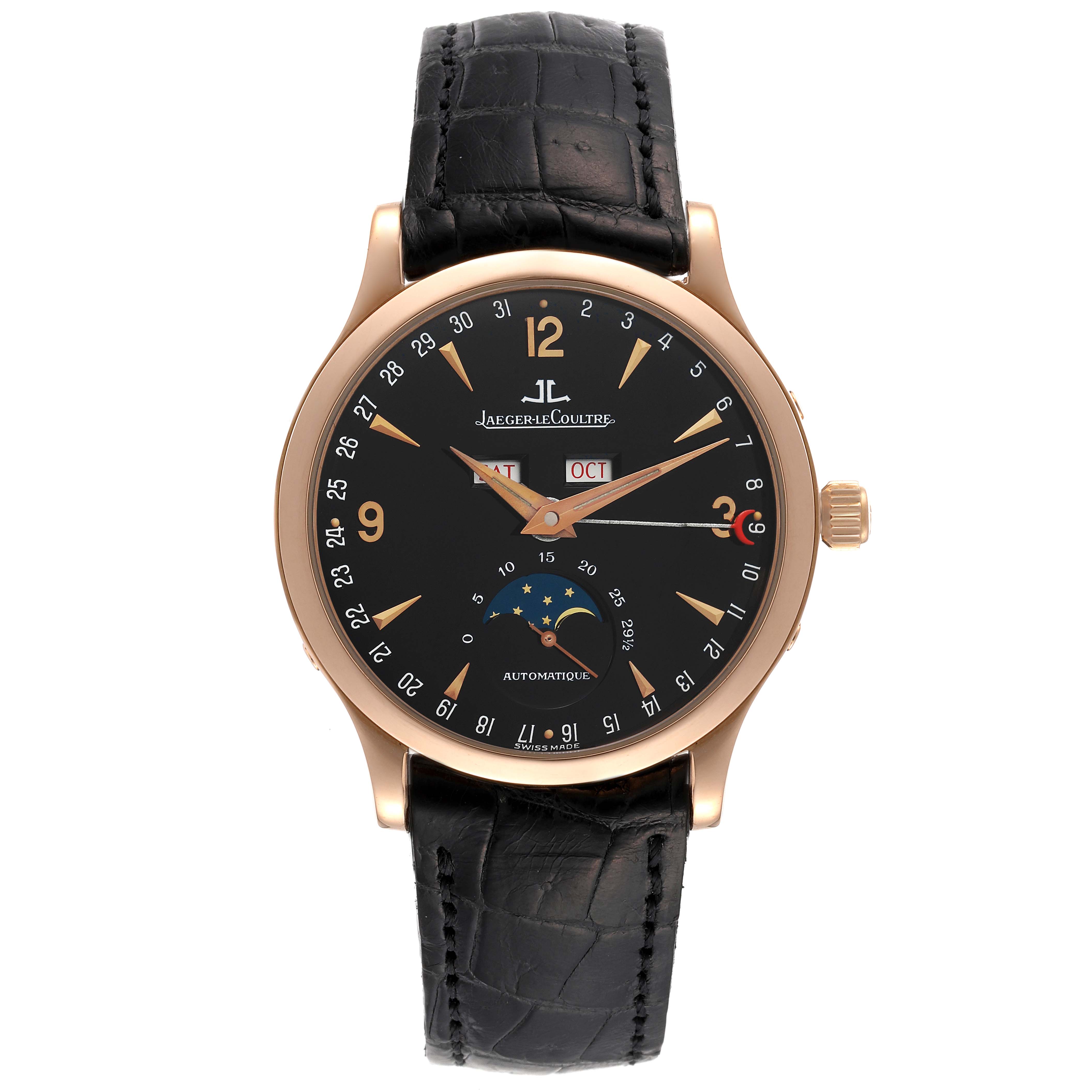 The image shows a frontal view of the Jaeger-LeCoultre Master watch, highlighting its black dial, gold case, and leather strap.