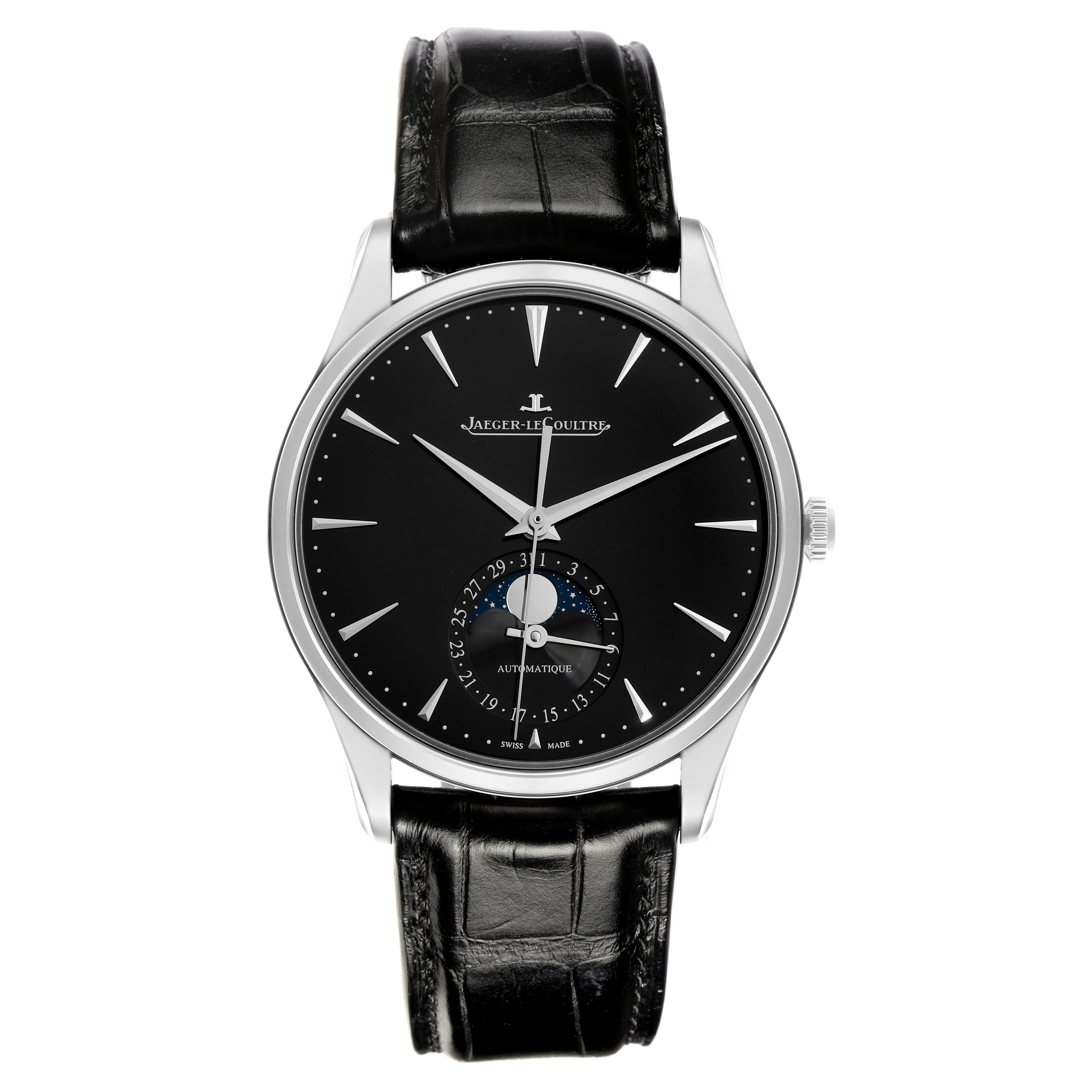 The Jaeger-LeCoultre Master watch is shown from a front angle, displaying the dial, hands, and strap.