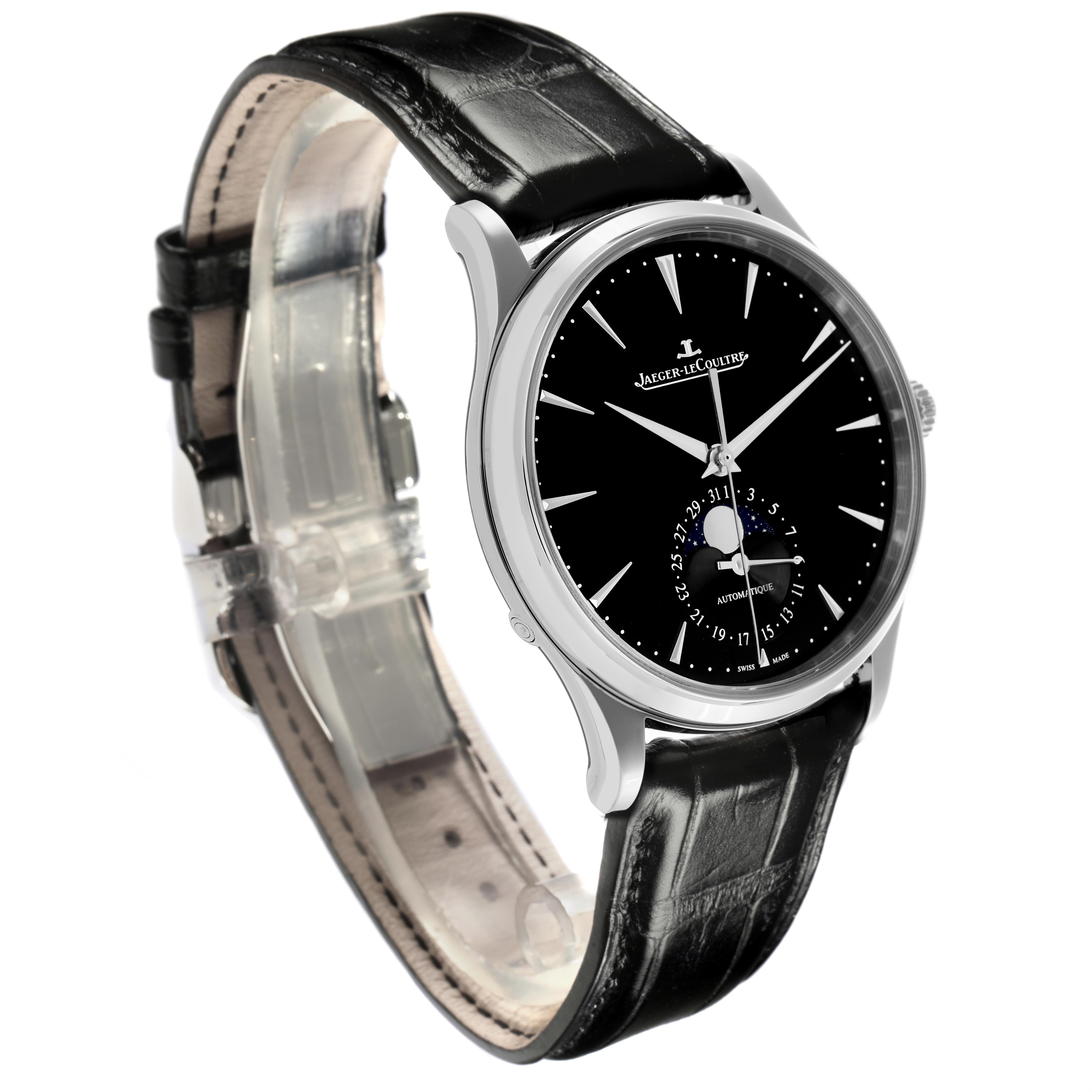 The Jaeger LeCoultre Master Q1368471 Men
s Stainless Steel Black Dial Q1368471 Men
s Stainless Steel Black Dial watch is shown at a three-quarter angle, displaying the dial, case, and leather strap.