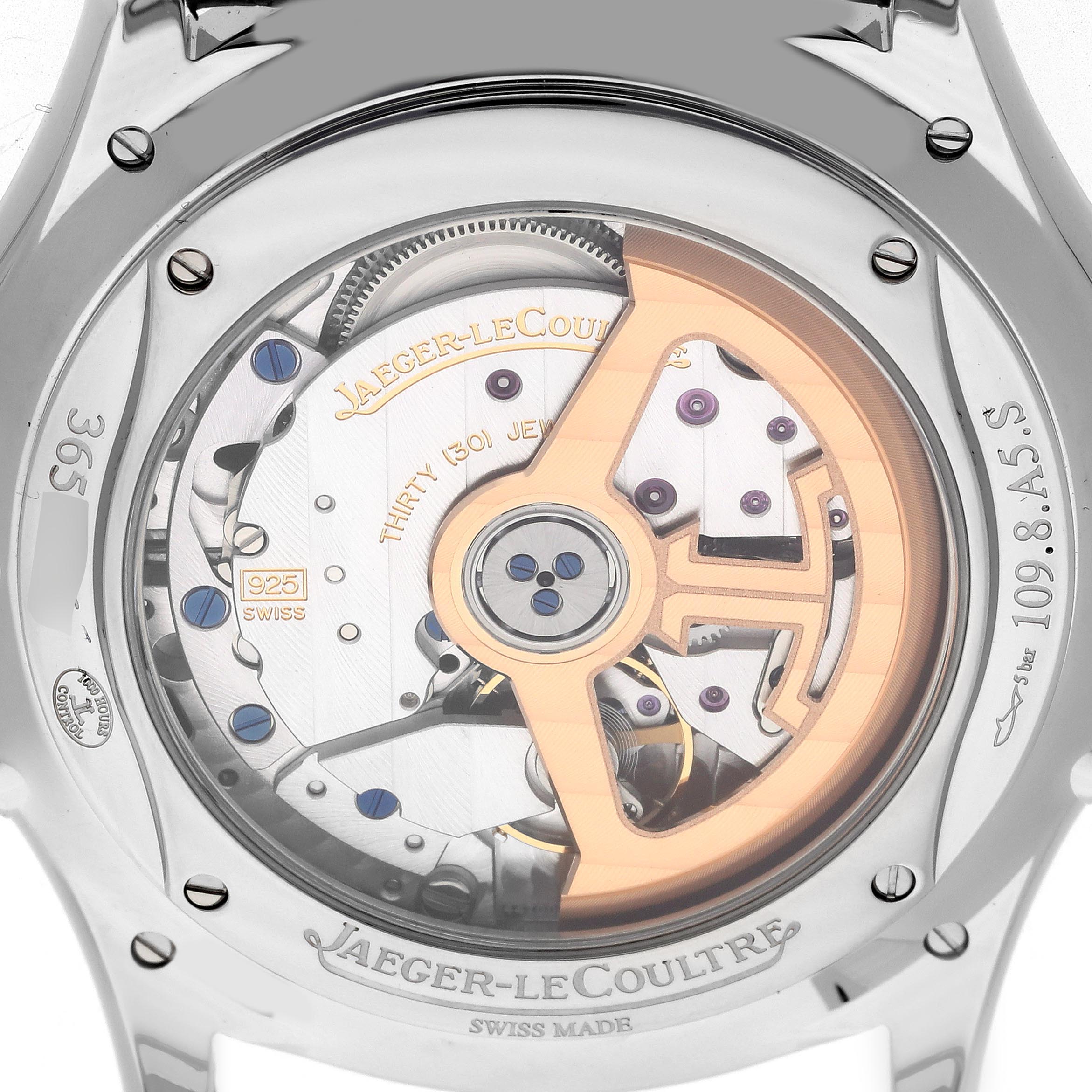 The image shows the back view of a Jaeger-LeCoultre Master watch, highlighting the movement and rotor mechanism.