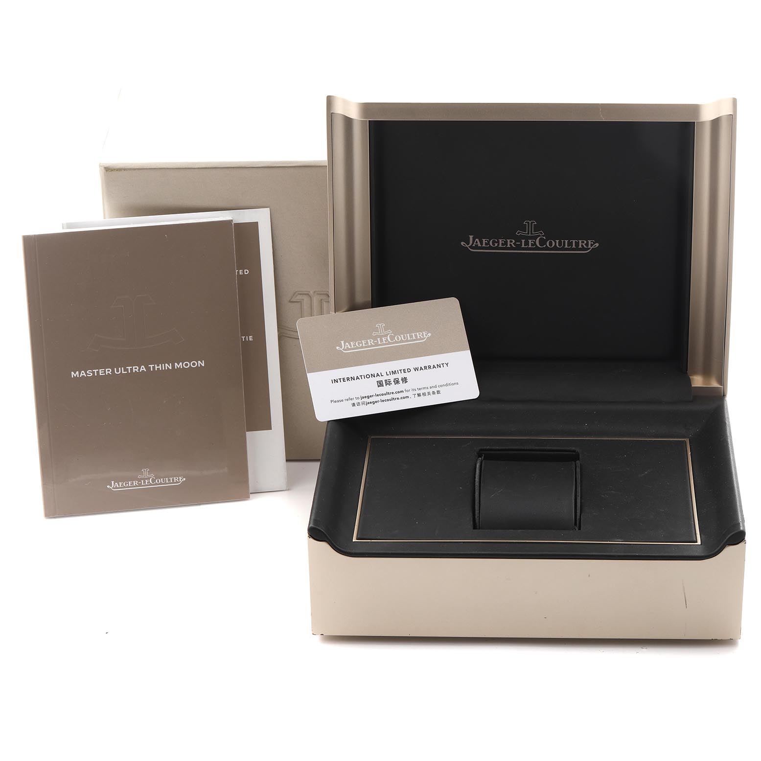 The image shows the packaging and accessories for the Jaeger LeCoultre Master Q1368471 Men
s Stainless Steel Black Dial Q1368471 Men
s Stainless Steel Black Dial Ultra Thin Moon, including its box and warranty papers.