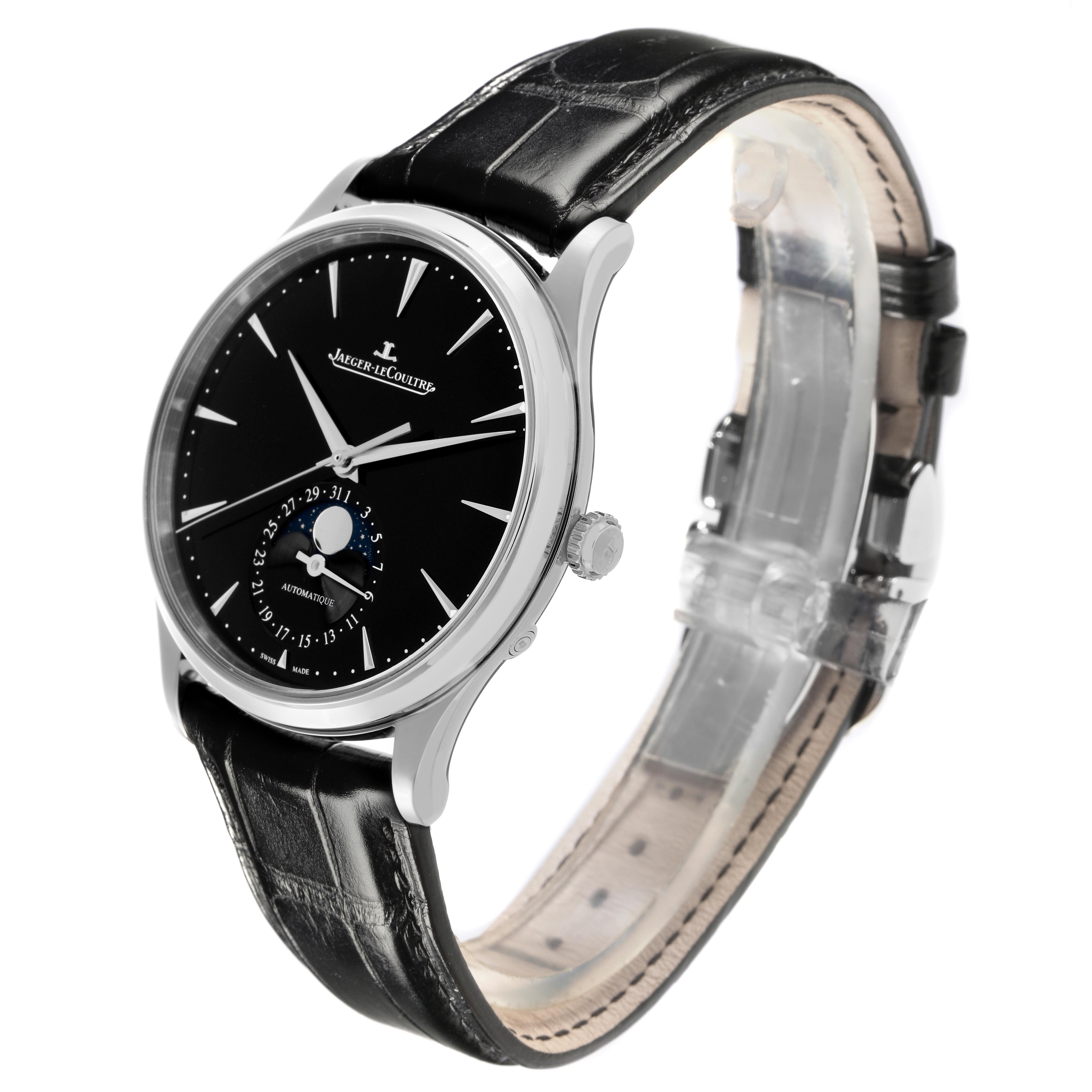 The Jaeger LeCoultre Master Q1368471 Men
s Stainless Steel Black Dial Q1368471 Men
s Stainless Steel Black Dial watch is shown at a three-quarter angle, highlighting the face, bezel, and strap.