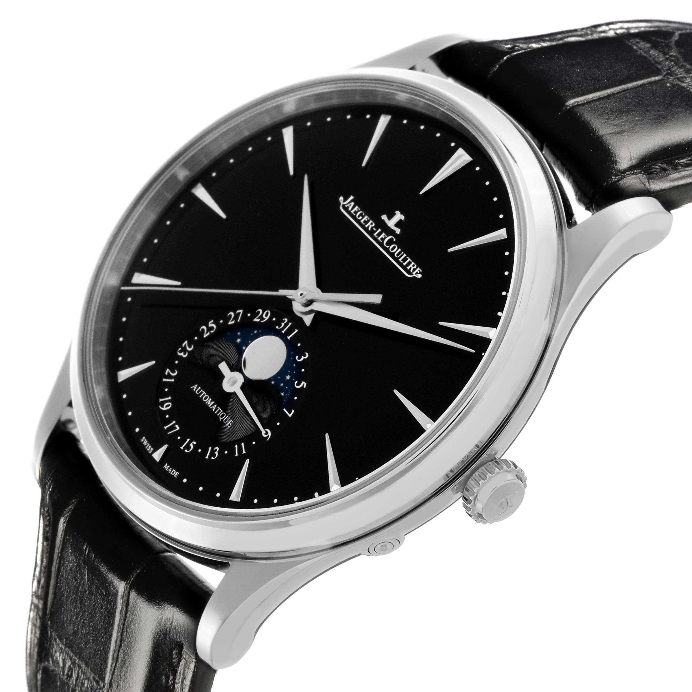 The Jaeger LeCoultre Master Q1368471 Men
s Stainless Steel Black Dial Q1368471 Men
s Stainless Steel Black Dial watch is shown at an angled side view displaying the face, crown, and part of the strap.