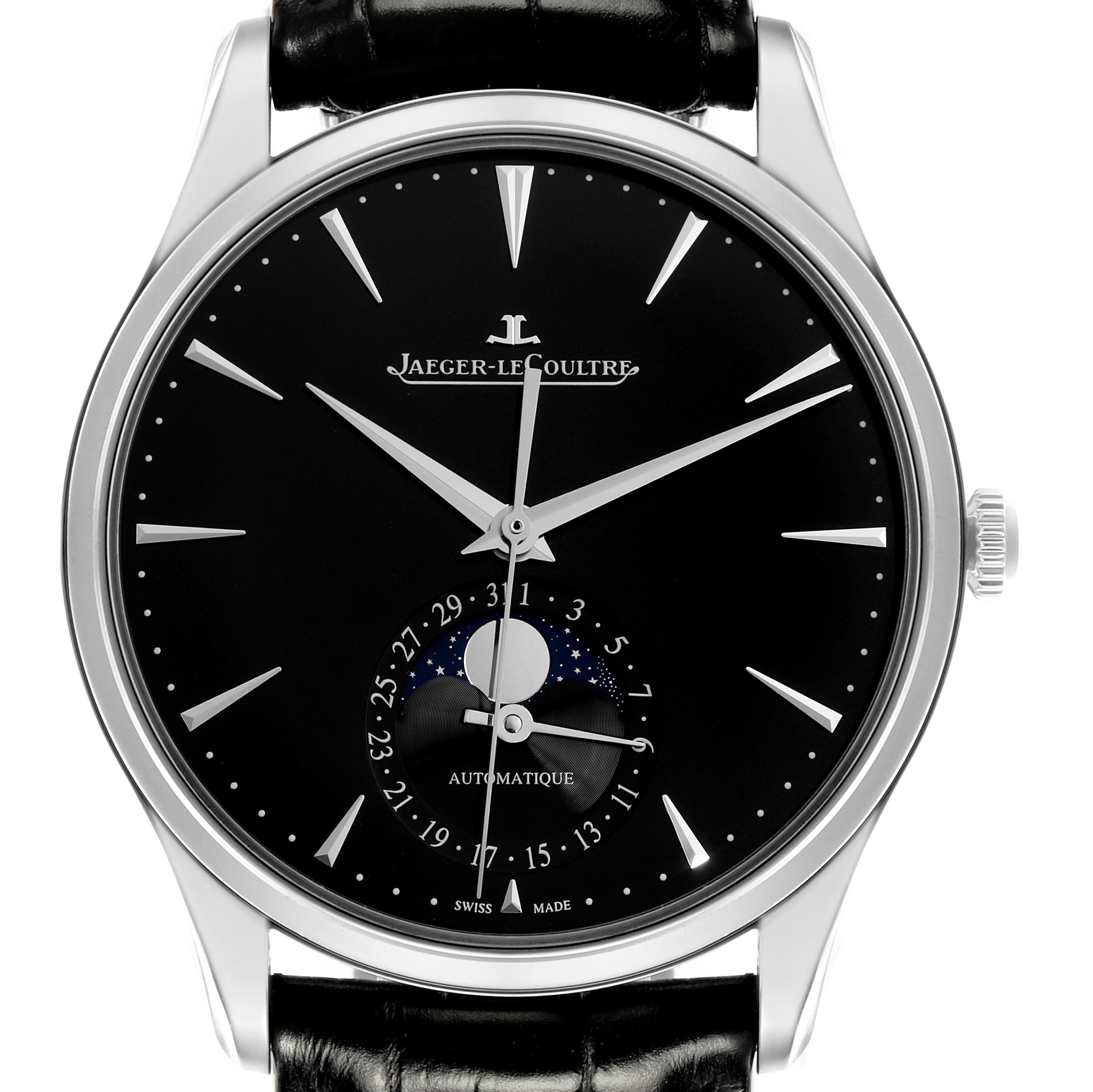 The image shows a front view of the Jaeger LeCoultre Master Q1368471 Men
s Stainless Steel Black Dial Q1368471 Men
s Stainless Steel Black Dial watch, highlighting its black dial, silver indices, and moon phase feature.