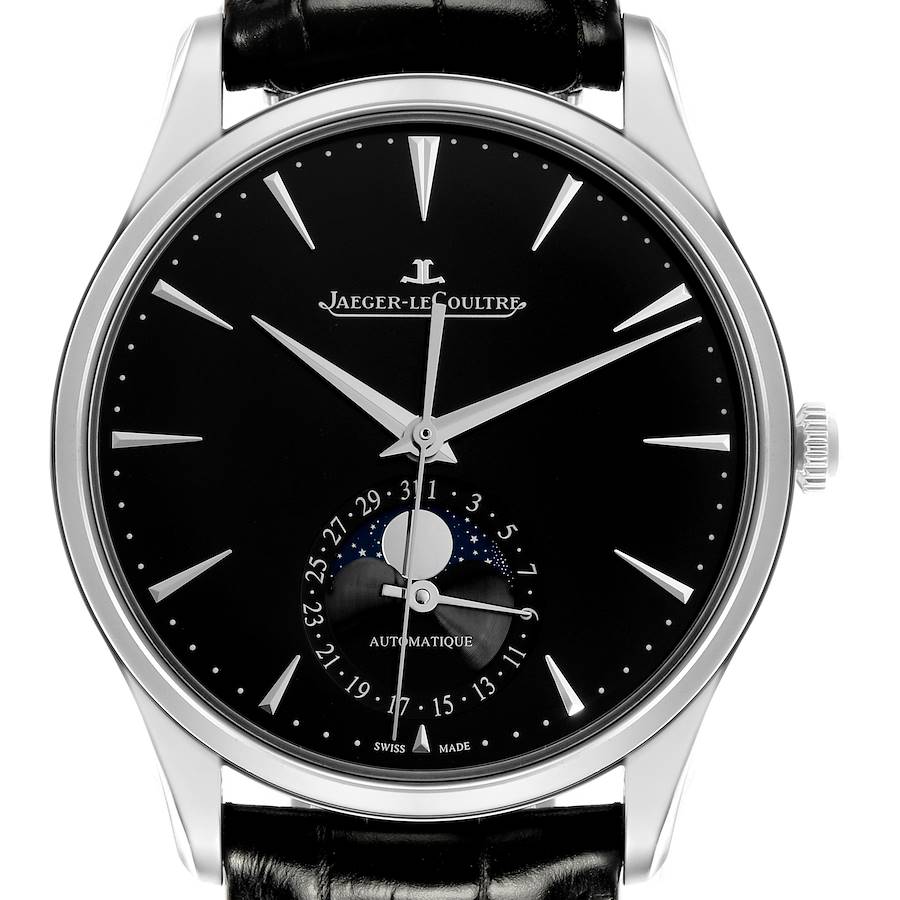 The image shows a front view of the Jaeger LeCoultre Master watch, highlighting its black dial, silver indices, and moon phase feature.
