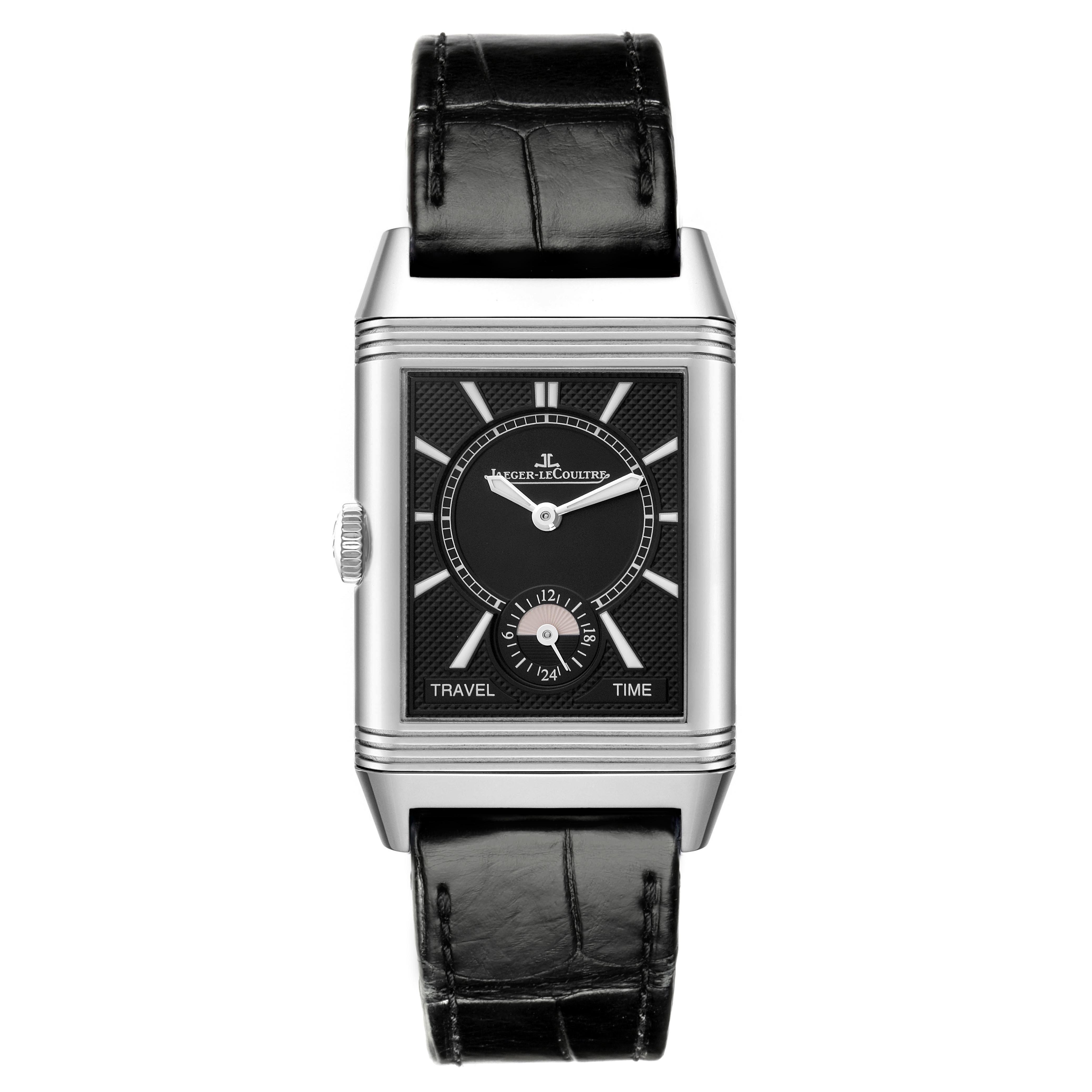 The Jaeger-LeCoultre Reverso watch is shown from the front, displaying the face with travel time indicators and a black leather strap.