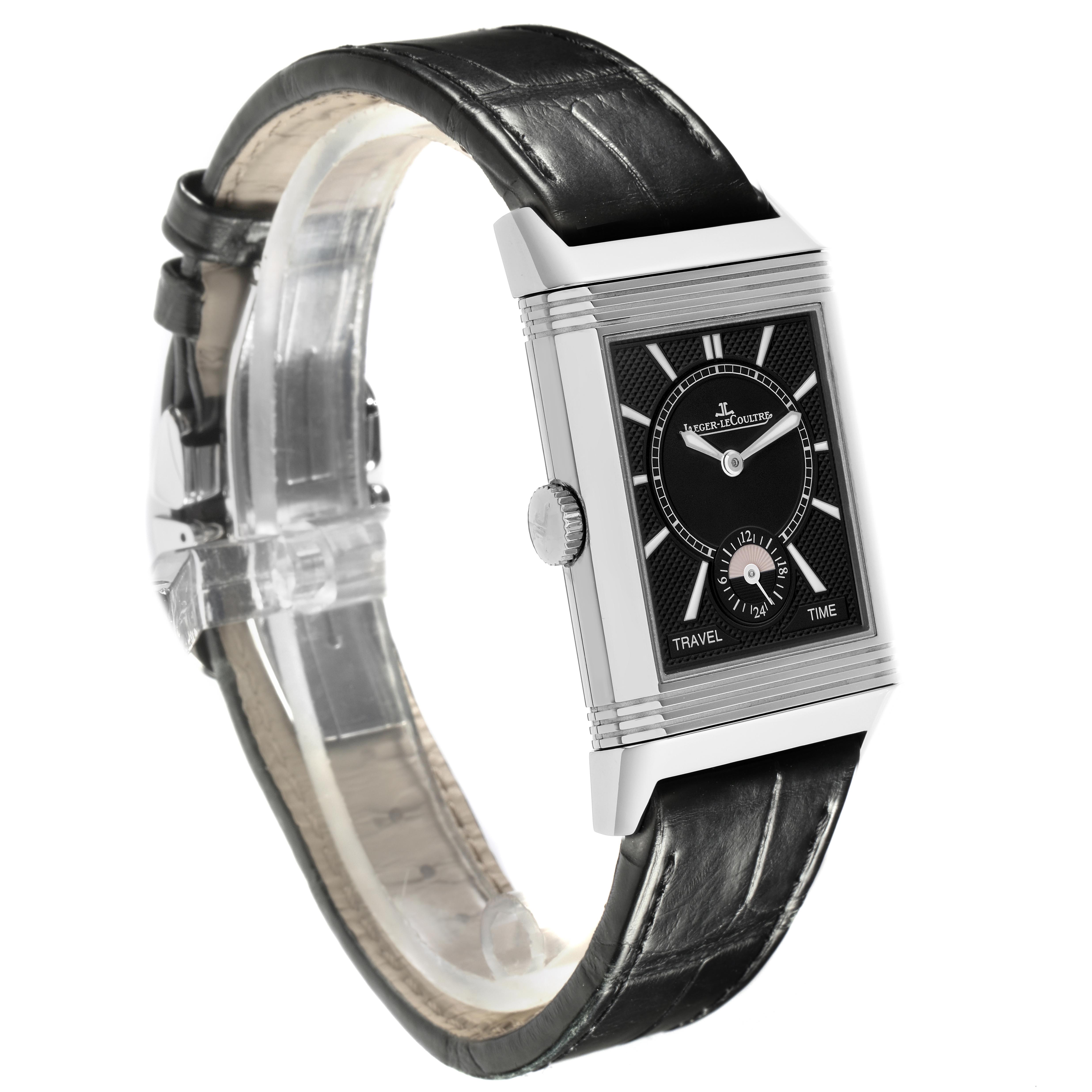 The Jaeger-LeCoultre Reverso watch is shown at a slight angle, highlighting the case, dial, crown, and leather strap.