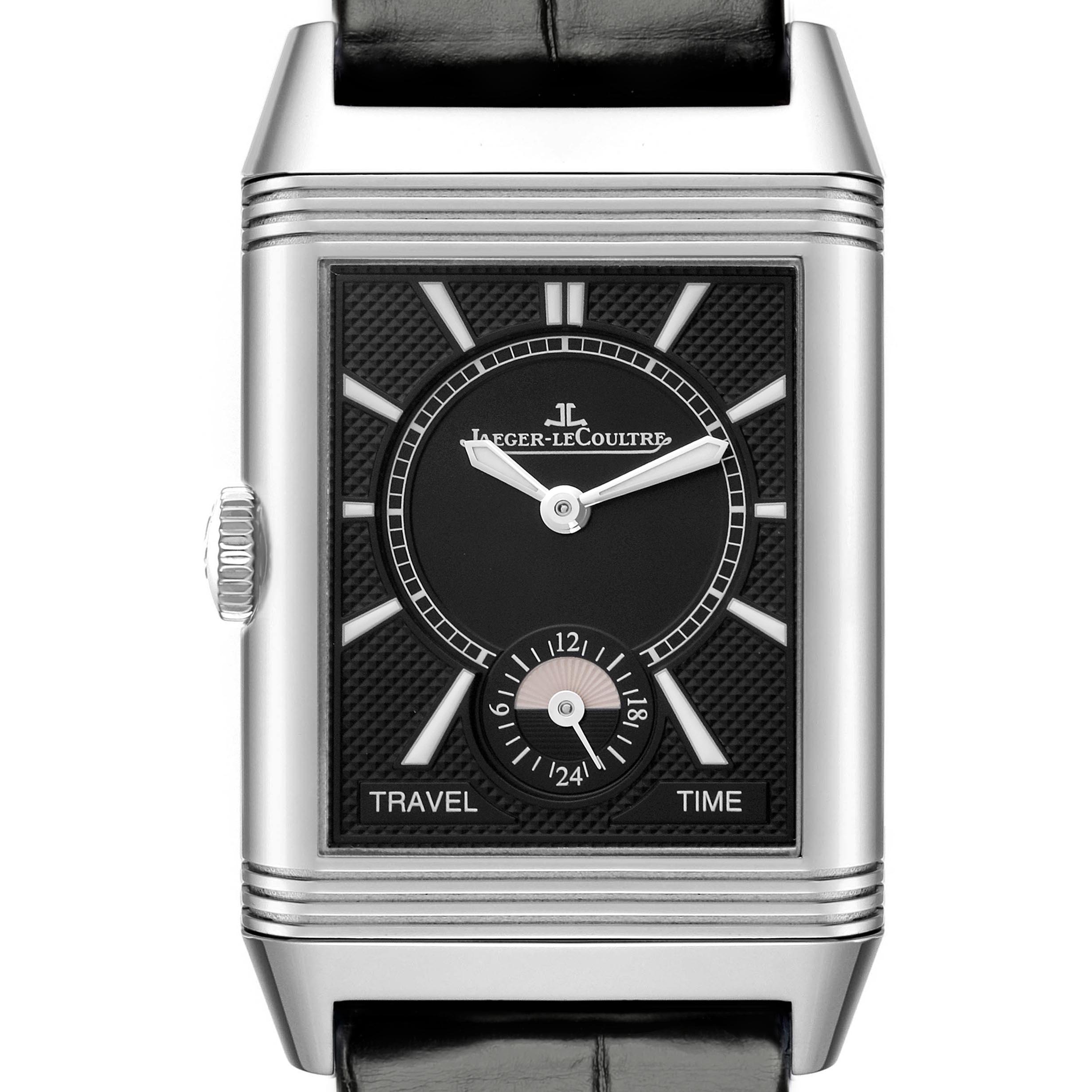 The Jaeger-LeCoultre Reverso watch is shown from the front, displaying the dial, hands, and crown.